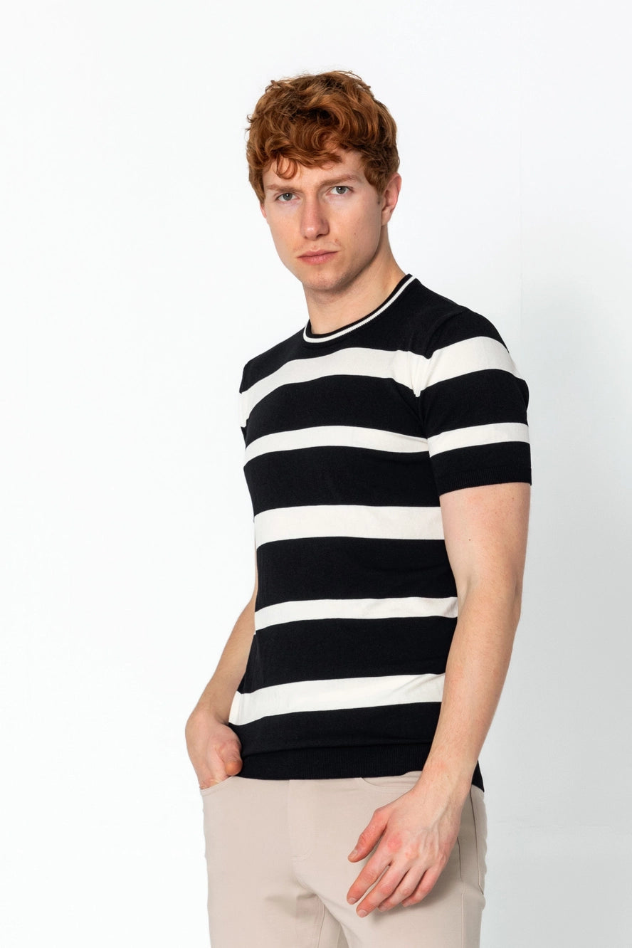 RNT23 Striped Knit T-Shirt for Men & Women - Soft Cotton Casual Tee - Black & White Striped Shirt for Everyday Wear, Outfits, and Layering