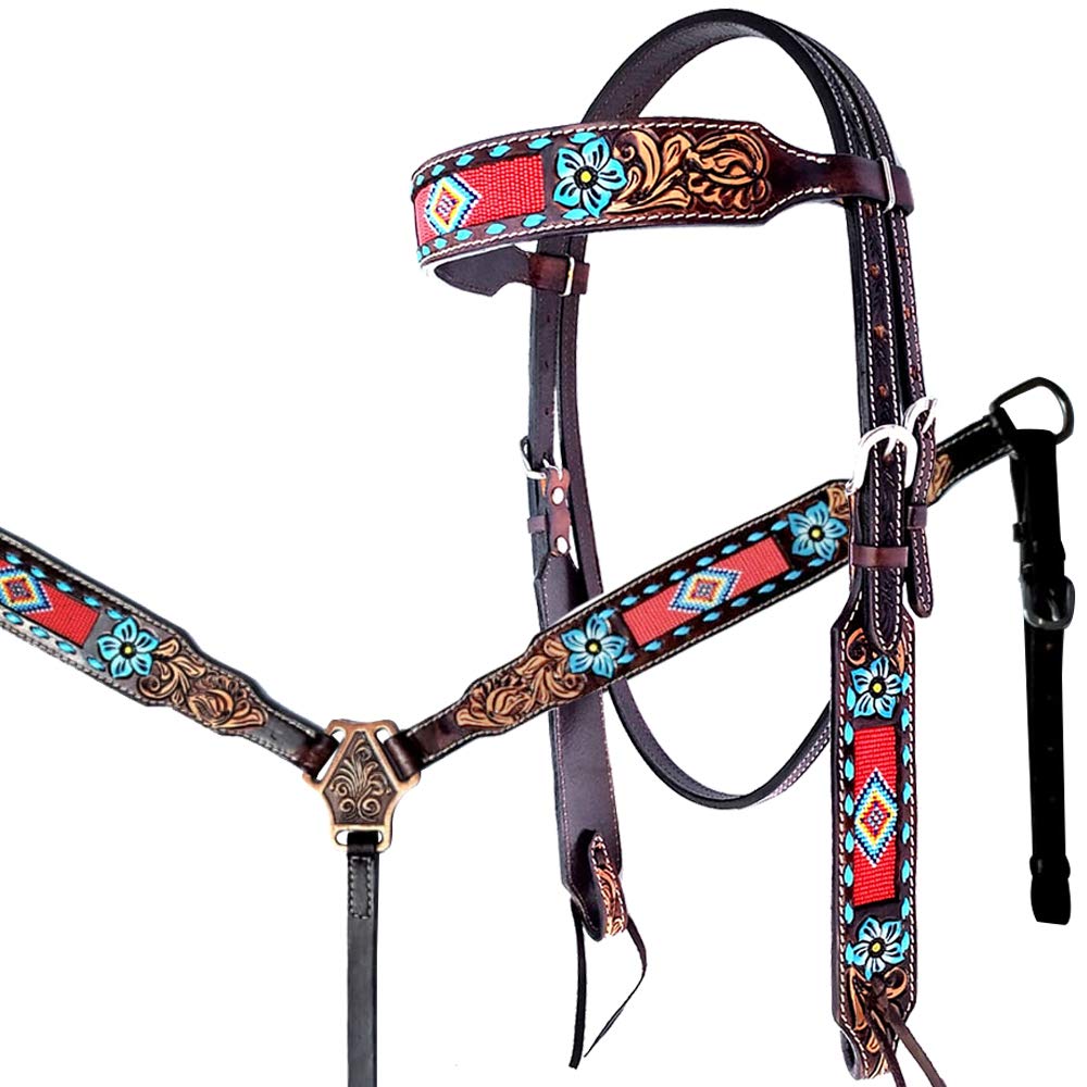 HILASON Western Horse Headstall - Genuine American Leather Dark Brown Headstall with Breast Collar | Complete Tack Set for Horses | Perfect for Trail Riding, Rodeo & Western Shows