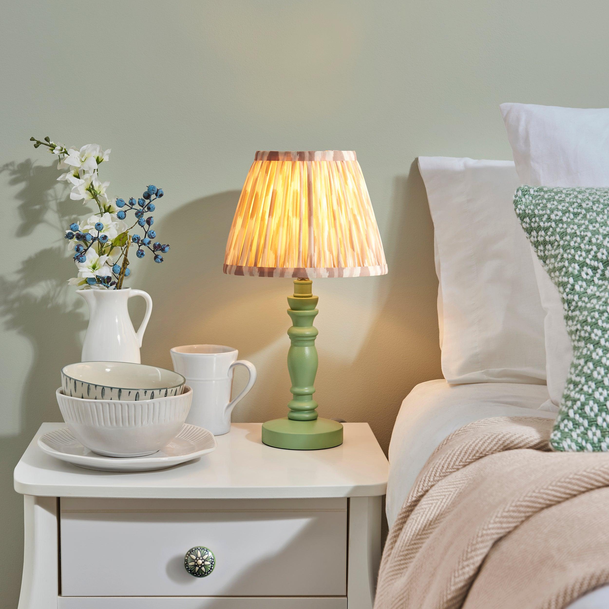 Bibury Green Table Lamp with Ikat 20cm Neutral Shade - Modern Home Office Lighting for Bedroom, Living Room & Study