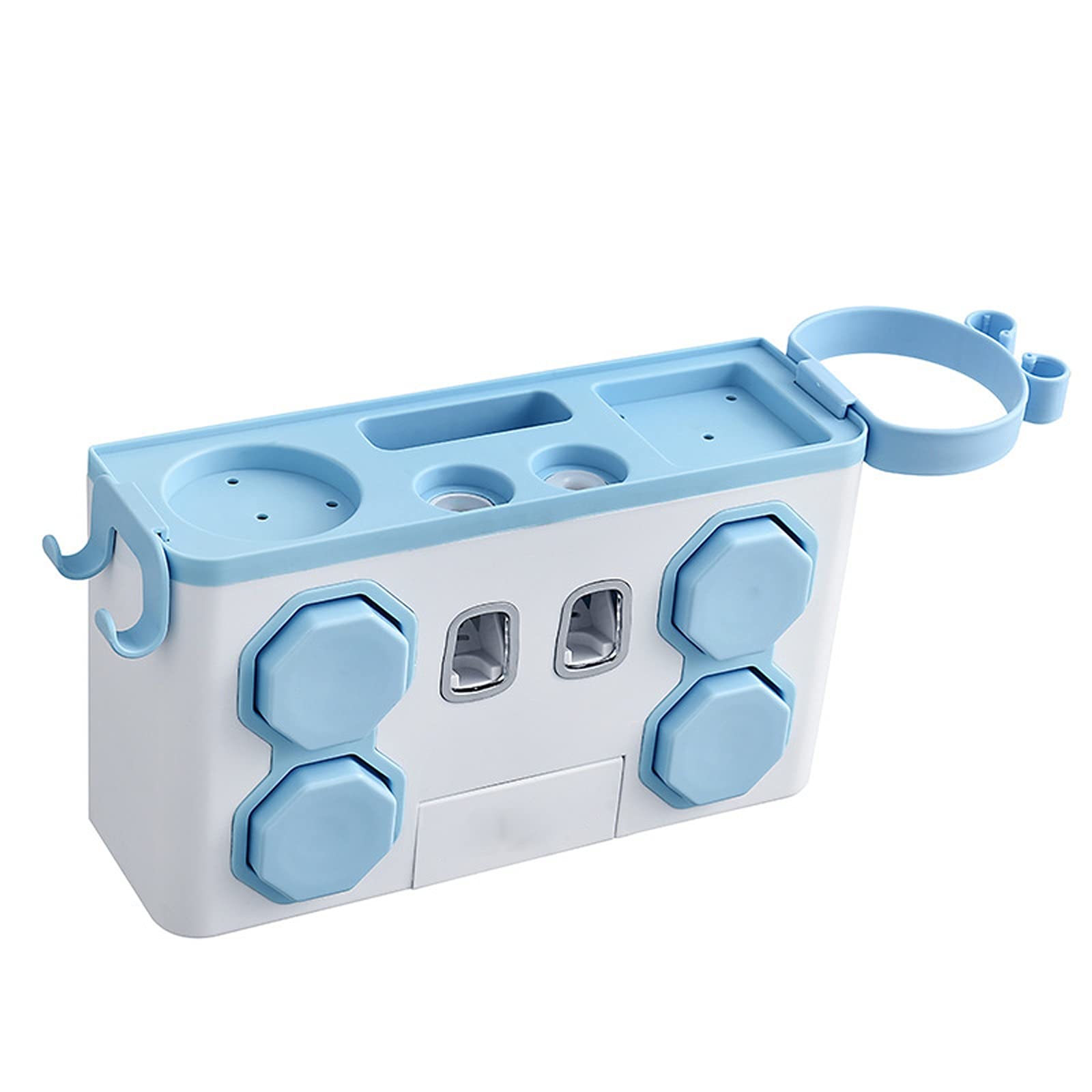 Blue 4-Cup Toothbrush Holder & Toothpaste Dispenser Set with Hair Dryer Rack - Self-Adhesive Bathroom Organizer for Cosmetics Storage | Perfect for Small Bathrooms, Dorm Rooms & RVs