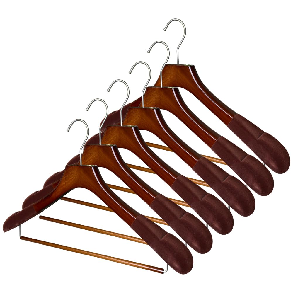 Premium Wooden Hangers with Rollbar - Heavy Duty Non-Slip Coat Hangers for Suits & Pants - Wide Shoulder Design - High Gloss Mahogany with Brown Velvet (12 Pack) - Perfect for Closet Organization & Luxury Garment Storage