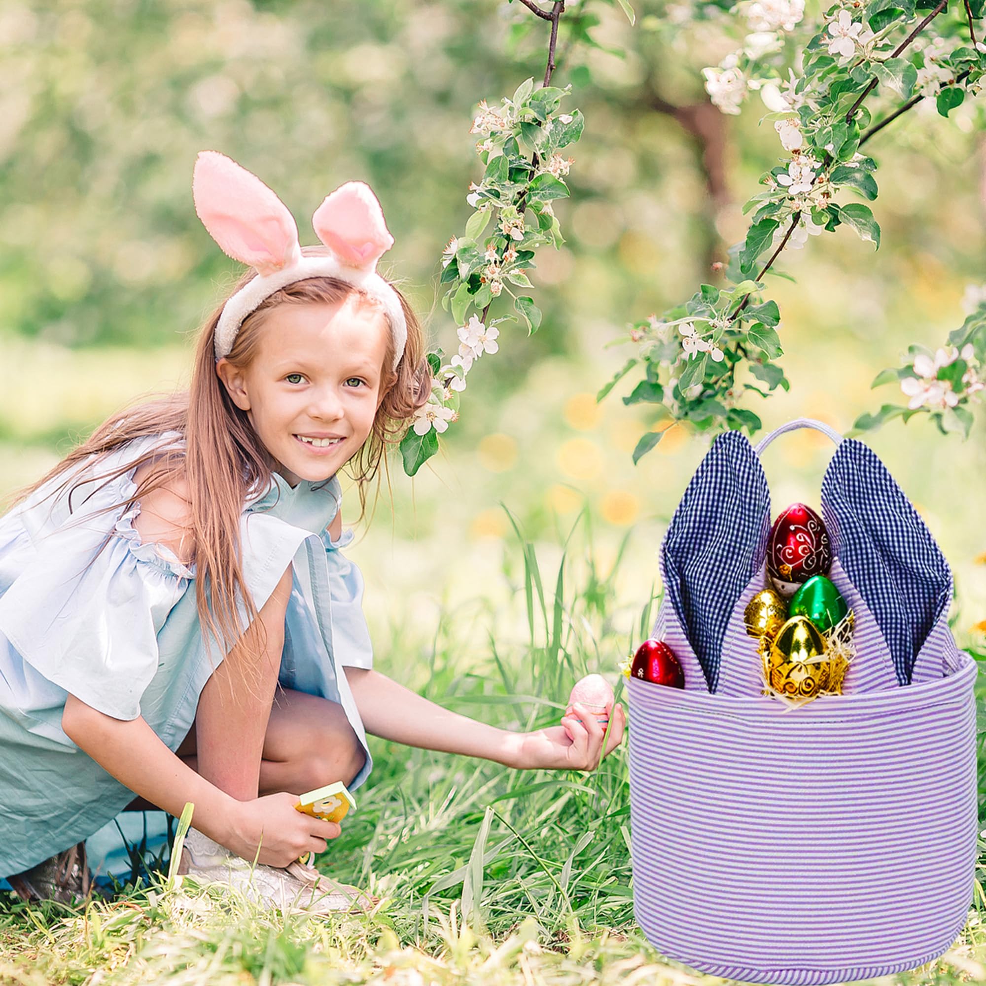 Personalized Easter Bunny Basket - Seersucker Egg Bags for Kids, Fluffy Tail Rabbit Print Candy Buckets (Purple) | Perfect for Easter Egg Hunts, Party Favors & Spring Gift Giving