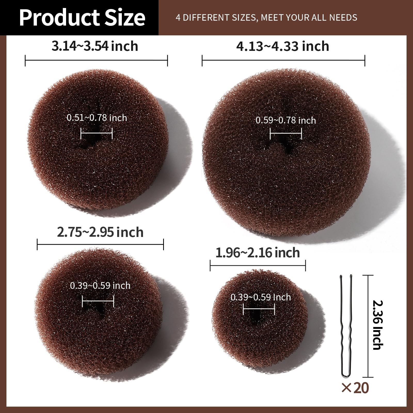 4PCS Hair Bun Maker for Women - Brown Hair Donut for Perfect Buns & Updos - Great for Ballet, Gym, Work & Everyday Hairstyles