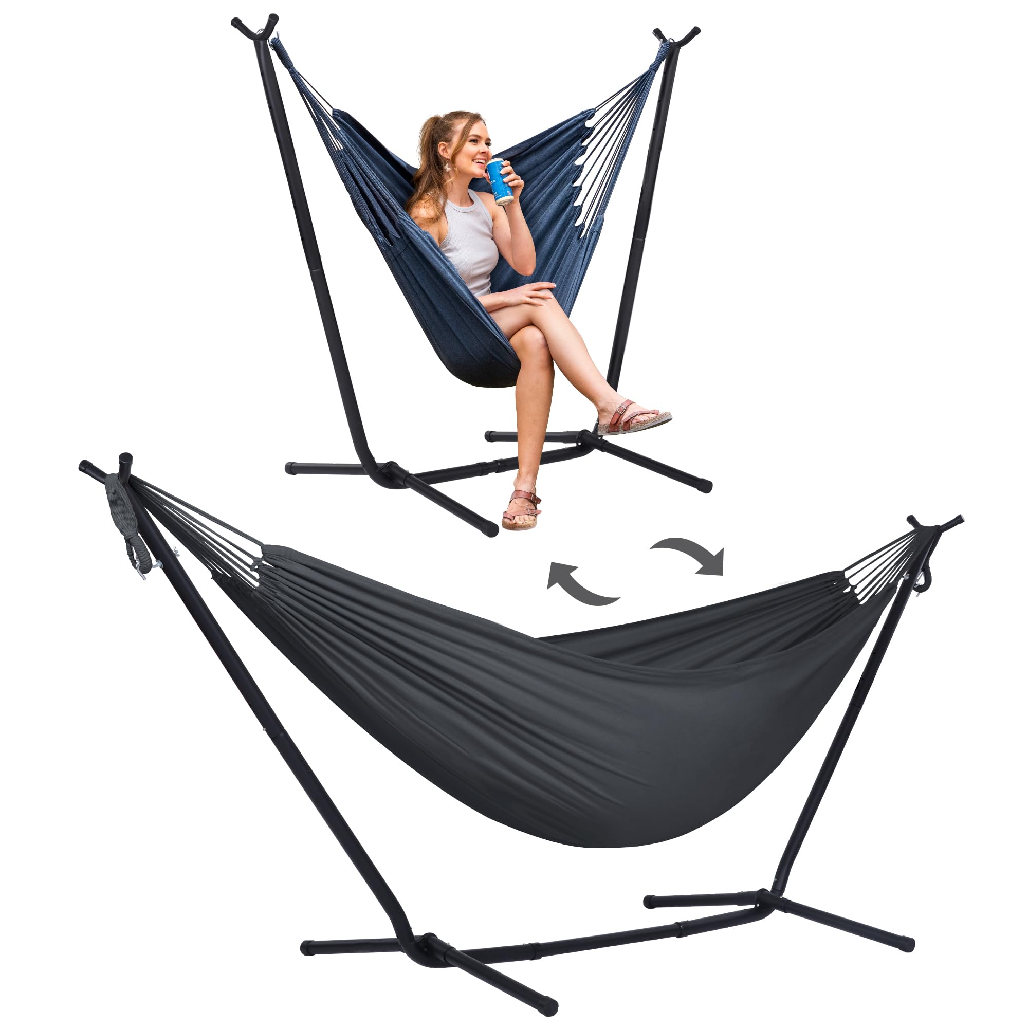 SUNCREAT 2-in-1 Convertible Portable Double Hammock with Stand - Outdoor Patio, Backyard, Camping & Beach Relaxation - Dark Grey (Patent Pending)