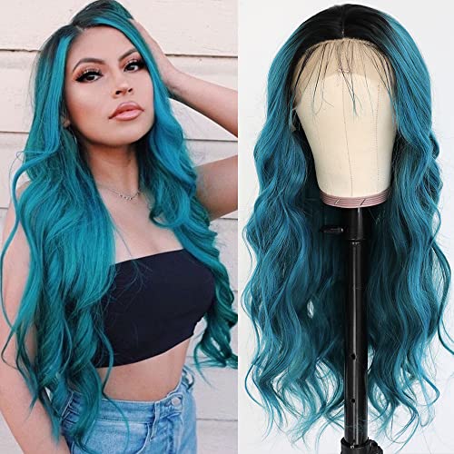 QD-Tizer Ombre Blue Long Body Wave Lace Front Wig with Mixed Green Highlights - Heat Resistant Synthetic Hair for Women | Perfect for Cosplay, Parties & Daily Wear
