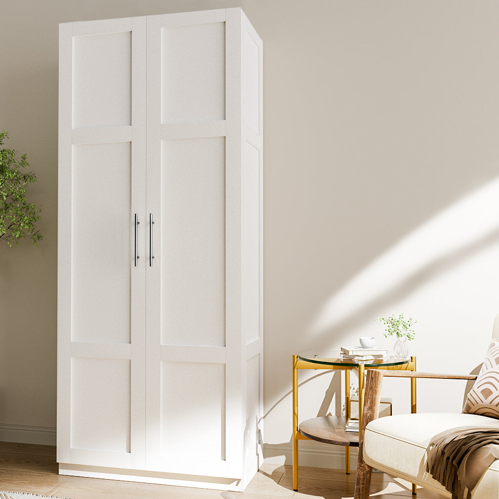 2 Door Wardrobe Closet Storage Cabinet - White Wooden Bedroom Organizer for Clothes, Shoes & Accessories | Perfect for Master Bedroom, Guest Room & Dormitory Organization