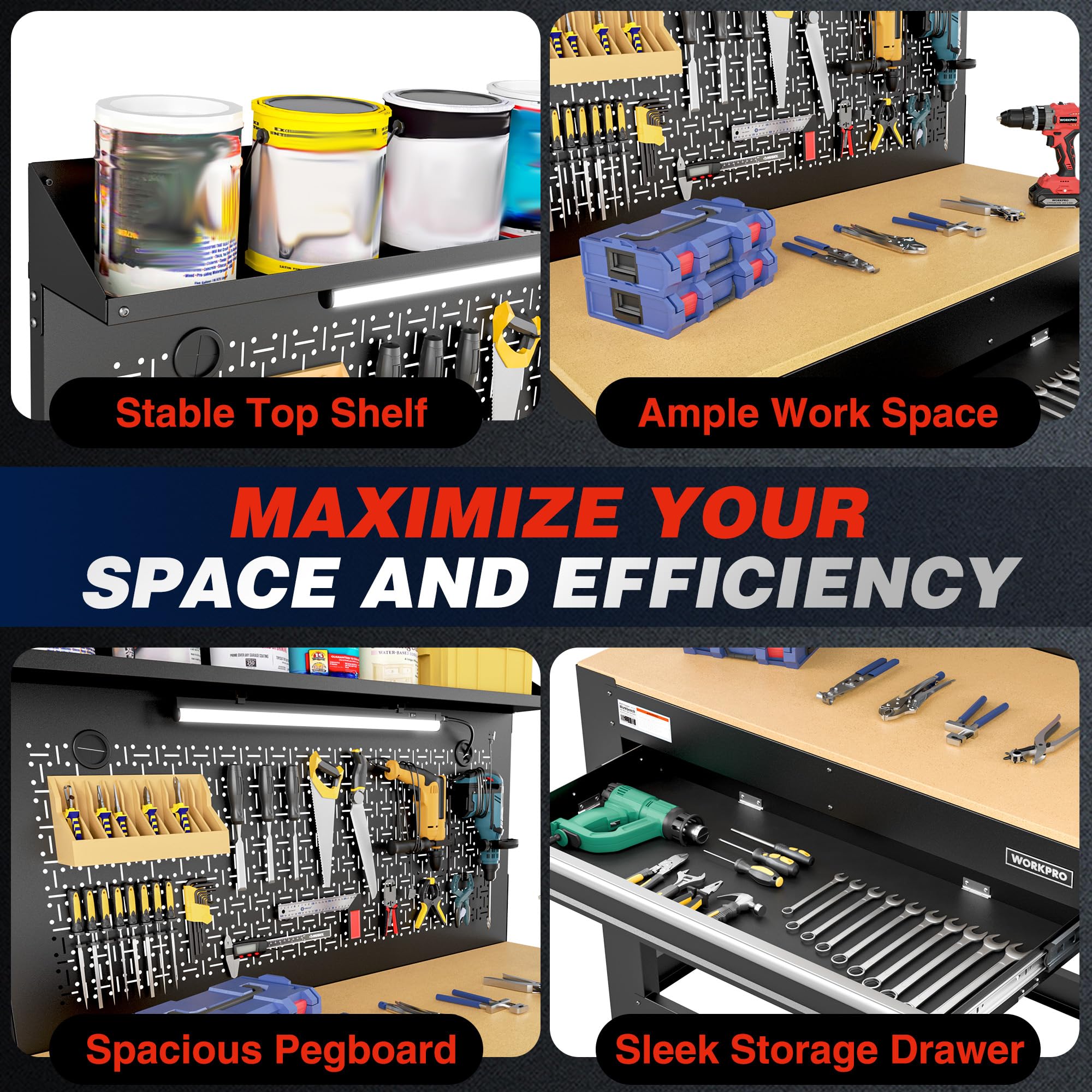 WORKPRO 45-Inch Heavy-Duty Garage Workbench with Storage, Pegboard, Power Outlets & LED Light - 800 lbs Capacity Work Table for DIY, Woodworking, Home Workshop & Garage Organization