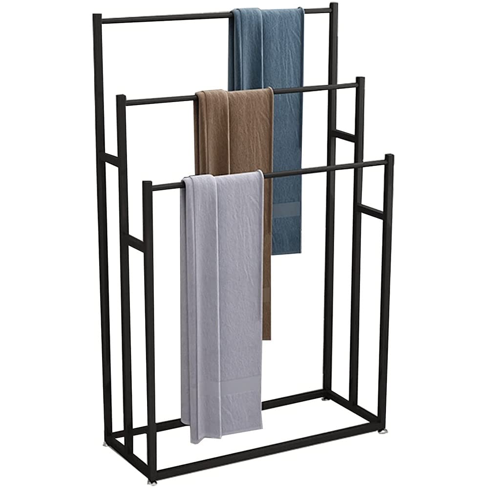 3-Tier Freestanding Metal Towel Rack - Black Standing Towel Organizer with Hand Towel Bar for Bathroom, Kitchen & Outdoor Pool Drying | Space-Saving Storage Solution