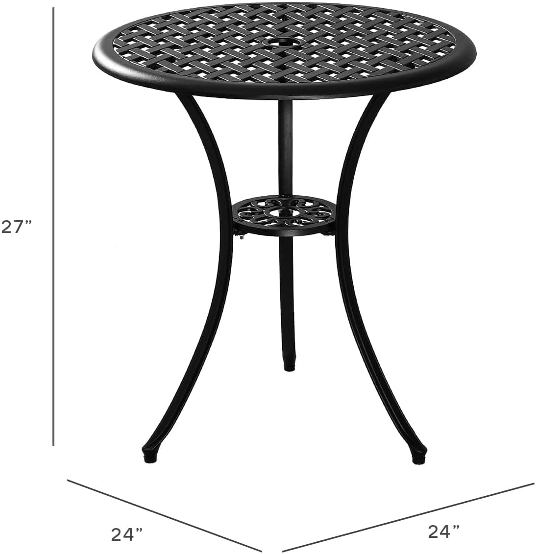 3Pcs Black Cast Aluminum Patio Bistro Set with Cushions - Outdoor Dining Table with Umbrella Hole & 2 Chairs - Durable Metal Garden Furniture for Backyard, Poolside & Balcony Relaxation