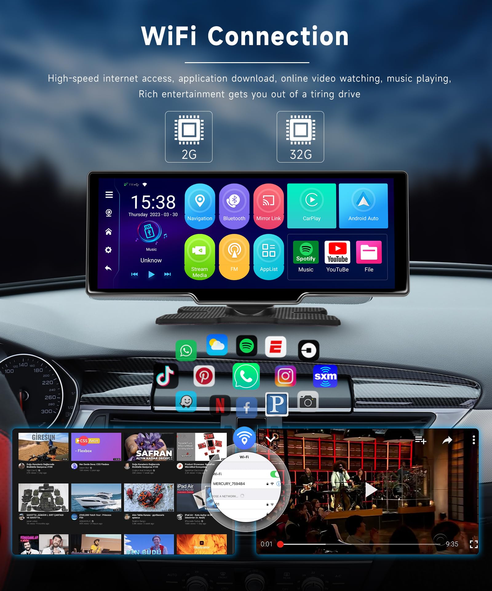 8-Core 2GB RAM 32GB ROM Android 10 CarPlay Touch Screen - 10.26 Inch Wireless Android Auto Car Stereo with GPS, WiFi, Bluetooth, AUX & Backup Camera - Supports YouTube & Spotify - Perfect for Road Trips & Daily Commuting