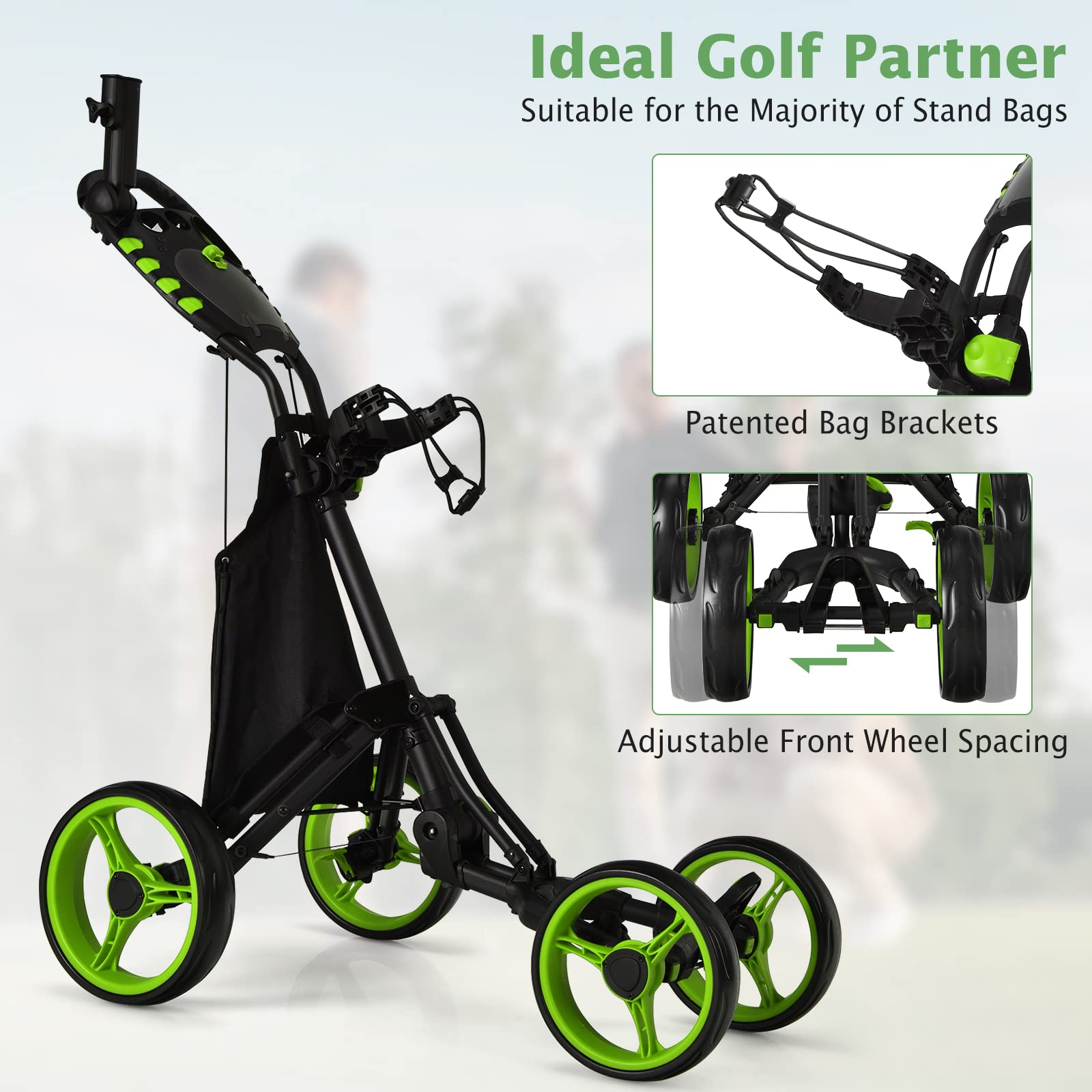 Tangkula Lightweight Aluminum Golf Push Pull Cart - 4 Wheel Collapsible Golf Trolley with Foot Brake, Adjustable Handle, Cup & Umbrella Holder - Perfect for Golf Courses, Driving Ranges & Outdoor Practice