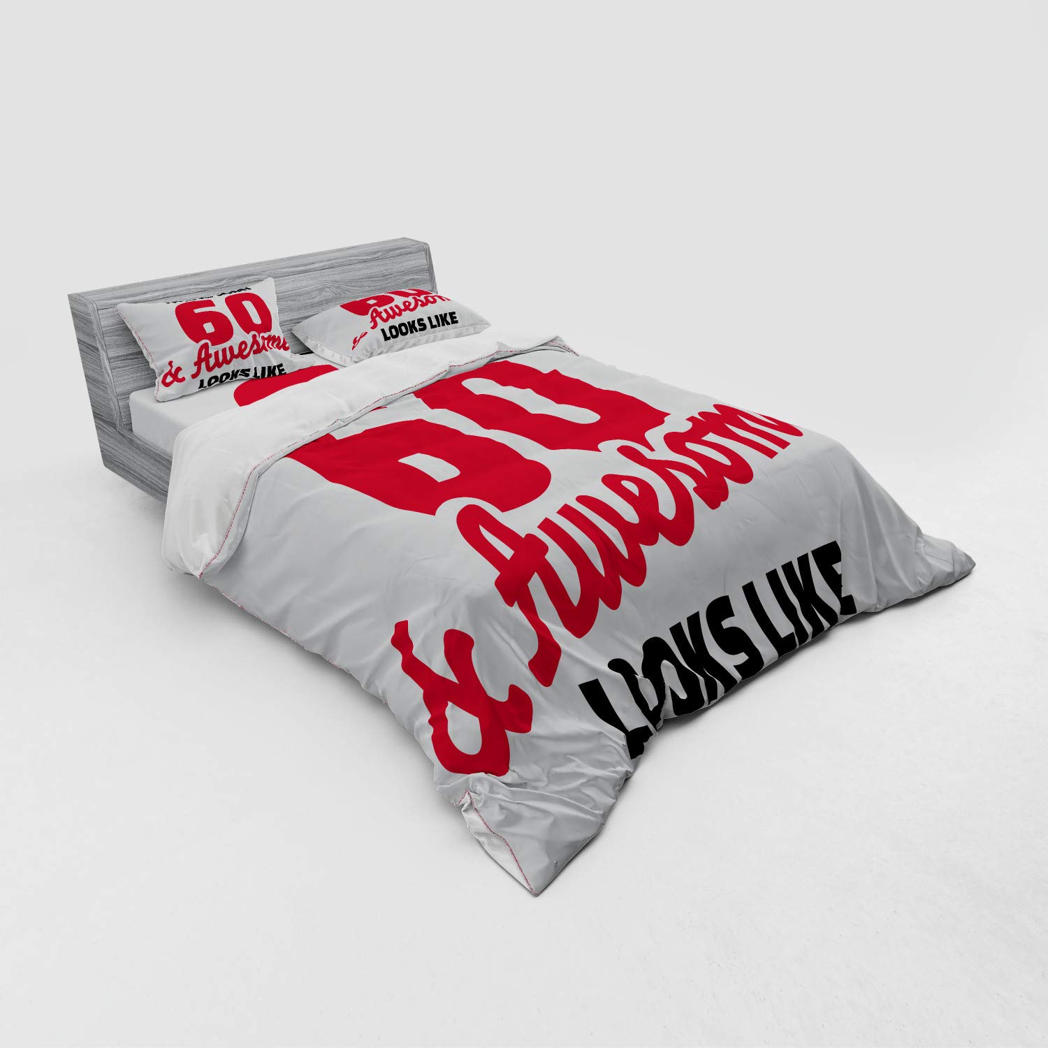 Ambesonne 60th Birthday Duvet Cover Set - Queen Size 4-Piece Bedding with Shams & Fitted Sheet - Red Black White Party Design for 60 Years Celebration - Perfect for Birthday Decorations & Guest Room Makeovers