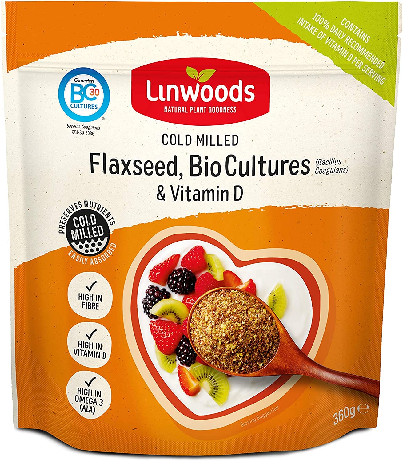 Linwoods Flaxseed with Probiotic & Vitamin D (12 Pack, 360g Each) - Supports Digestive Health & Immunity - Perfect for Smoothies, Yogurt & Baking