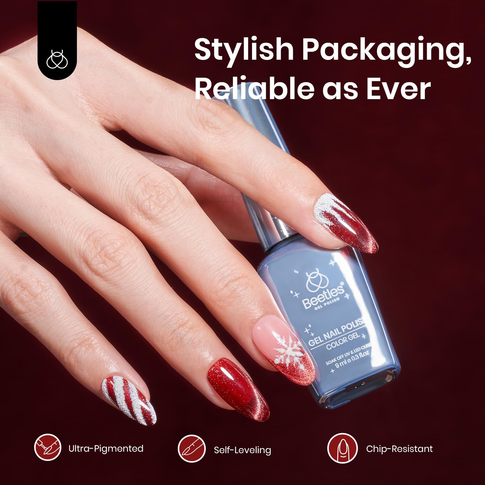 Beetles Red Gel Nail Polish - 9ML Glitter Cat Eye Gel Polish, Dark Red Soak Off UV/LED Gel for Spring & Summer Nail Art | Perfect Gift for Women | Great for Parties, Weddings & Special Occasions