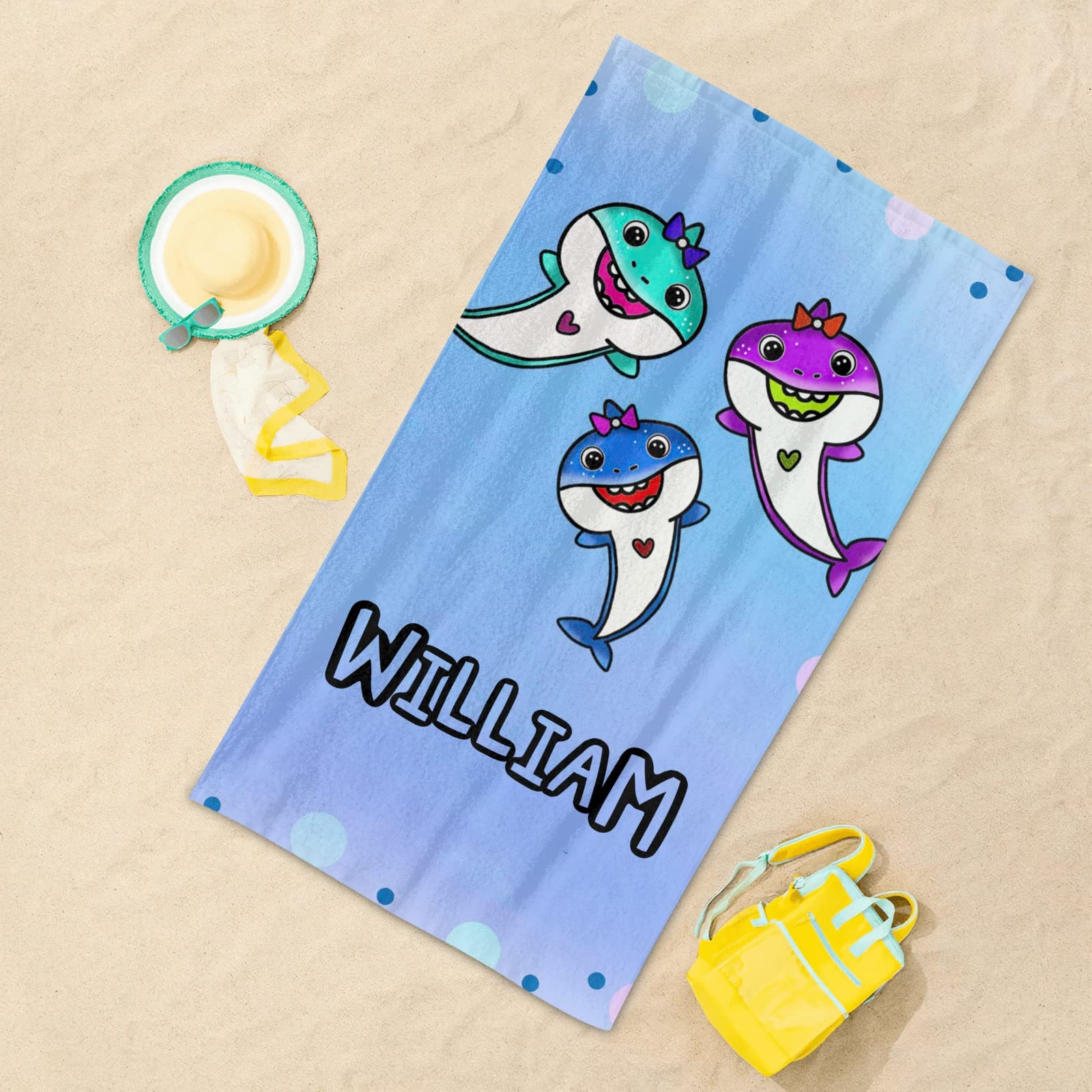 Custom Personalized Beach Towel - Soft Quick Dry Bath Towel Blanket for Swimming, Sunbathing - Cute Cartoon Shark Design for Kids, Men & Women - Perfect for Beach, Pool, Vacation & Summer Outings