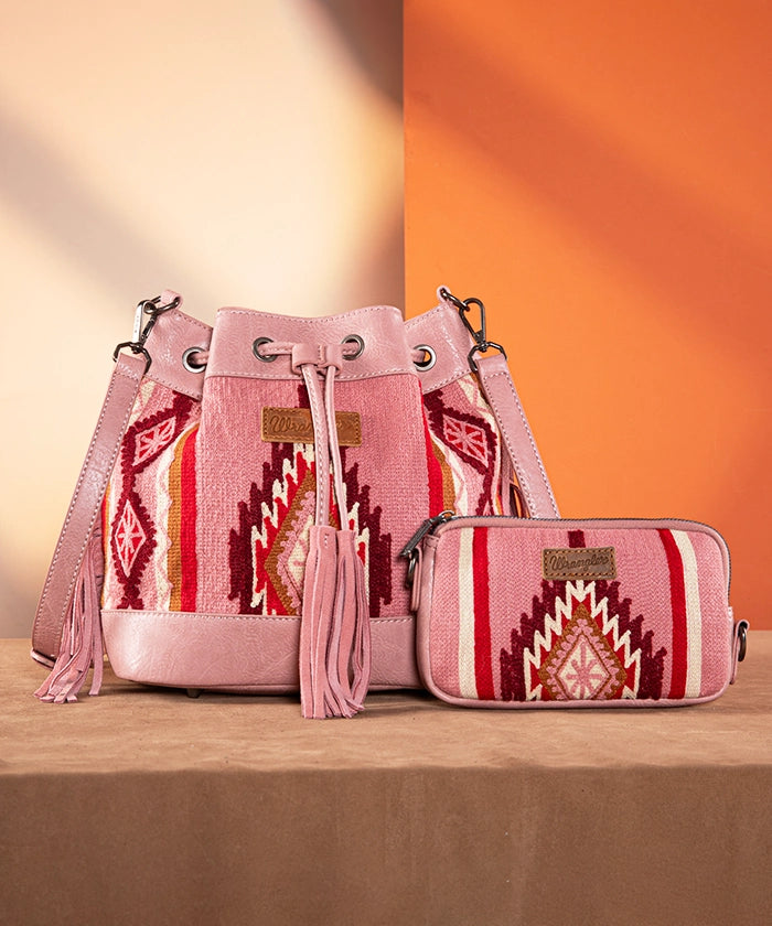 Wrangler Aztec Knitted Bucket Bag Set for Women - Boho Chic Crossbody Purse with Adjustable Strap - Perfect for Travel, Shopping & Everyday Use