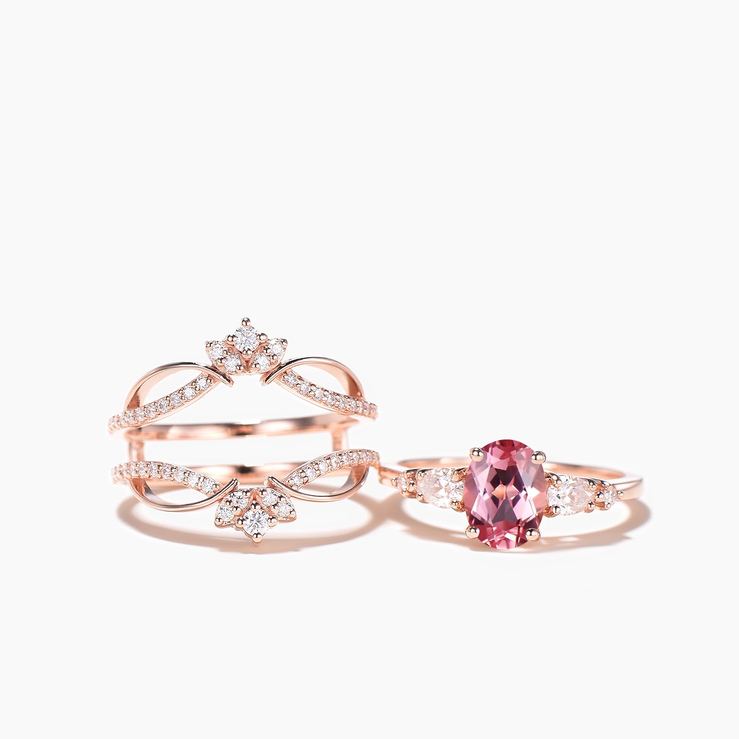 Oval Padparadscha Sapphire & Moissanite Engagement Ring Set - Bridal Wedding Band Enhancer for Women | Perfect for Proposals, Anniversaries & Special Occasions