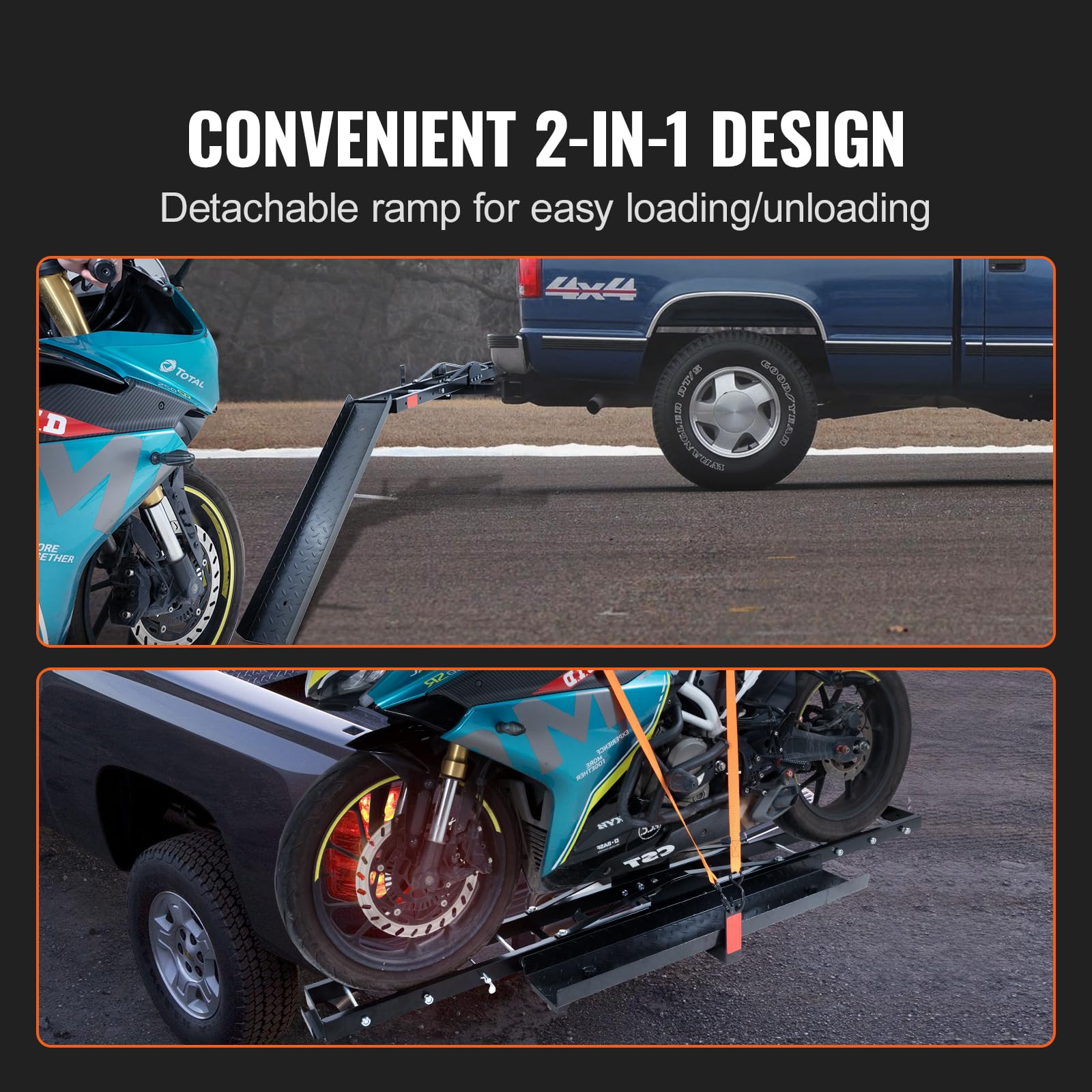 VEVOR 600 LBS Motorcycle Carrier Hitch Mount - Heavy Duty Steel Dirt Bike Trailer Hauler with 47