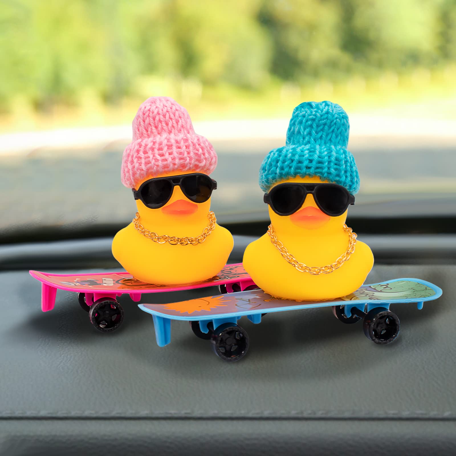 Wonuu Car Duck Ornament - Rubber Duck Dashboard Decoration with Mini Hat, Necklace, Sunglasses, Chair & Skateboard - Fun Car Accessory for Dashboard, Office Desk, or Home Decor