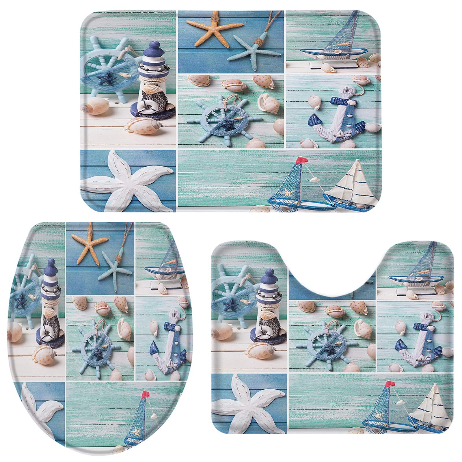 Non-Slip 3-Piece Bath Rug Set - Coastal Nautical Design U-Shaped Contour Mat & Toilet Cover, Soft Absorbent Bathroom Floor Mats for Tub, Shower & Small Spaces | Perfect for Beach House, Guest Bath or Coastal-Themed Decor