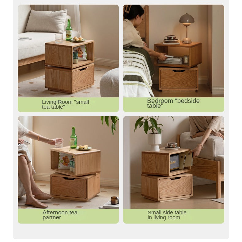 Rotating Oak Solid Wood Side Table Nightstand - Modern Bedroom Furniture for Small Spaces, Living Room, Office & Dorm