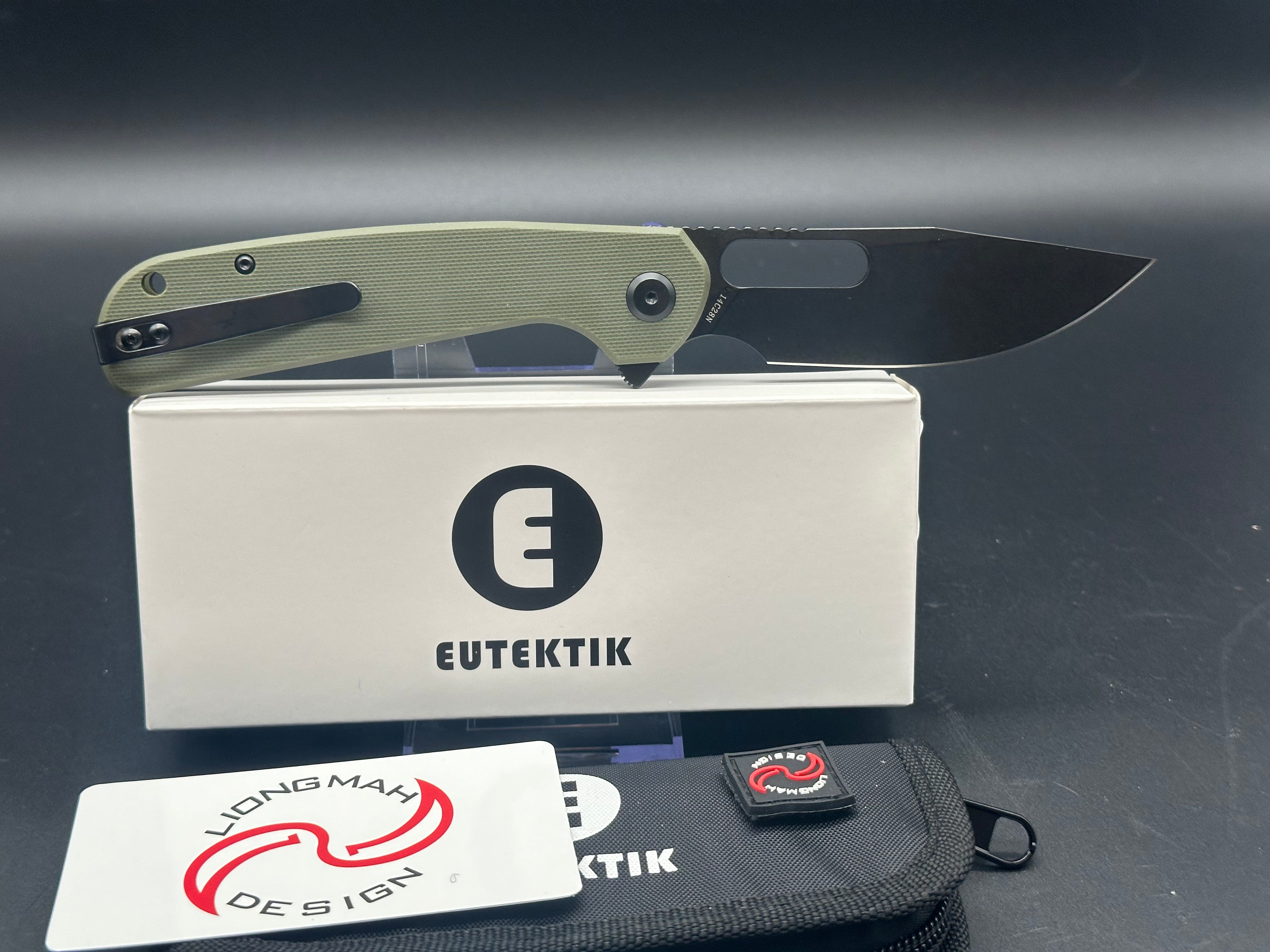 Eutektik Trinity OD Green BlackWashed Knife with LTK Koozie, Patch & Sticker - Tactical Folding Knife for Outdoor Camping, Hiking, Survival and EDC