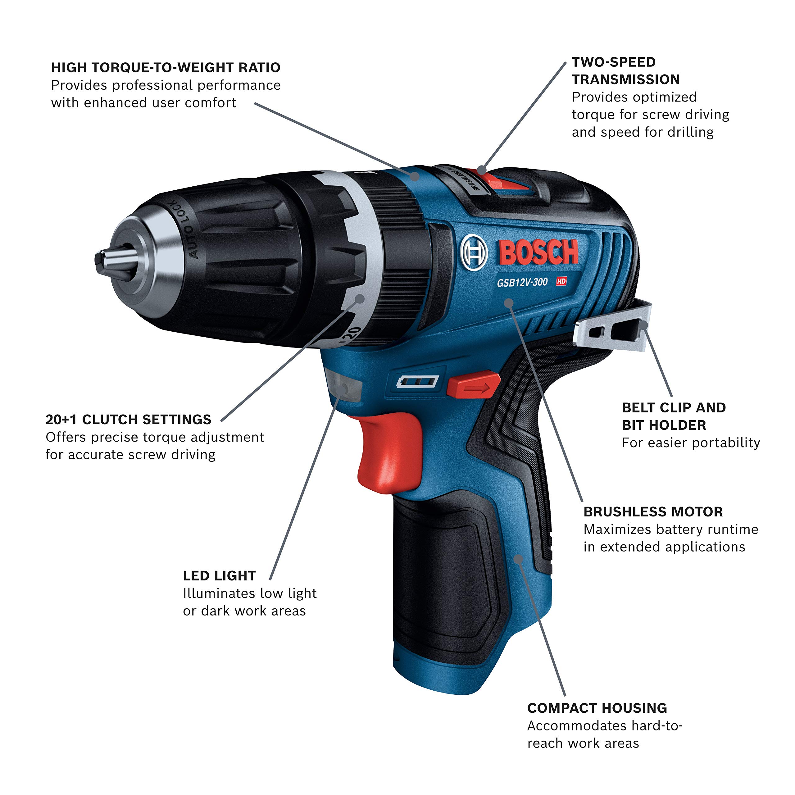 Bosch GSB12V-300N 12V Max Brushless 3/8 Inch Hammer Drill/Driver (Bare Tool) - Professional Cordless Power Tool for DIY Projects, Home Repairs & Construction Work
