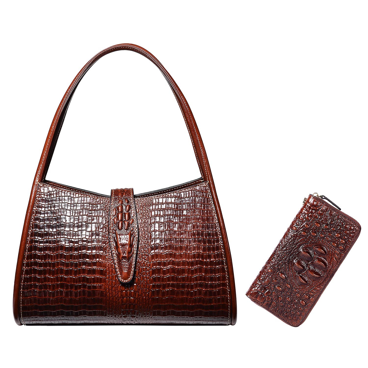 PIJUSHI Women's Designer Leather Hobo Handbags & Tote Shoulder Bags Set with Crocodile Leather Wallet & Wristlet - Fashionable Crossbody Purse for Work, Travel & Daily Use