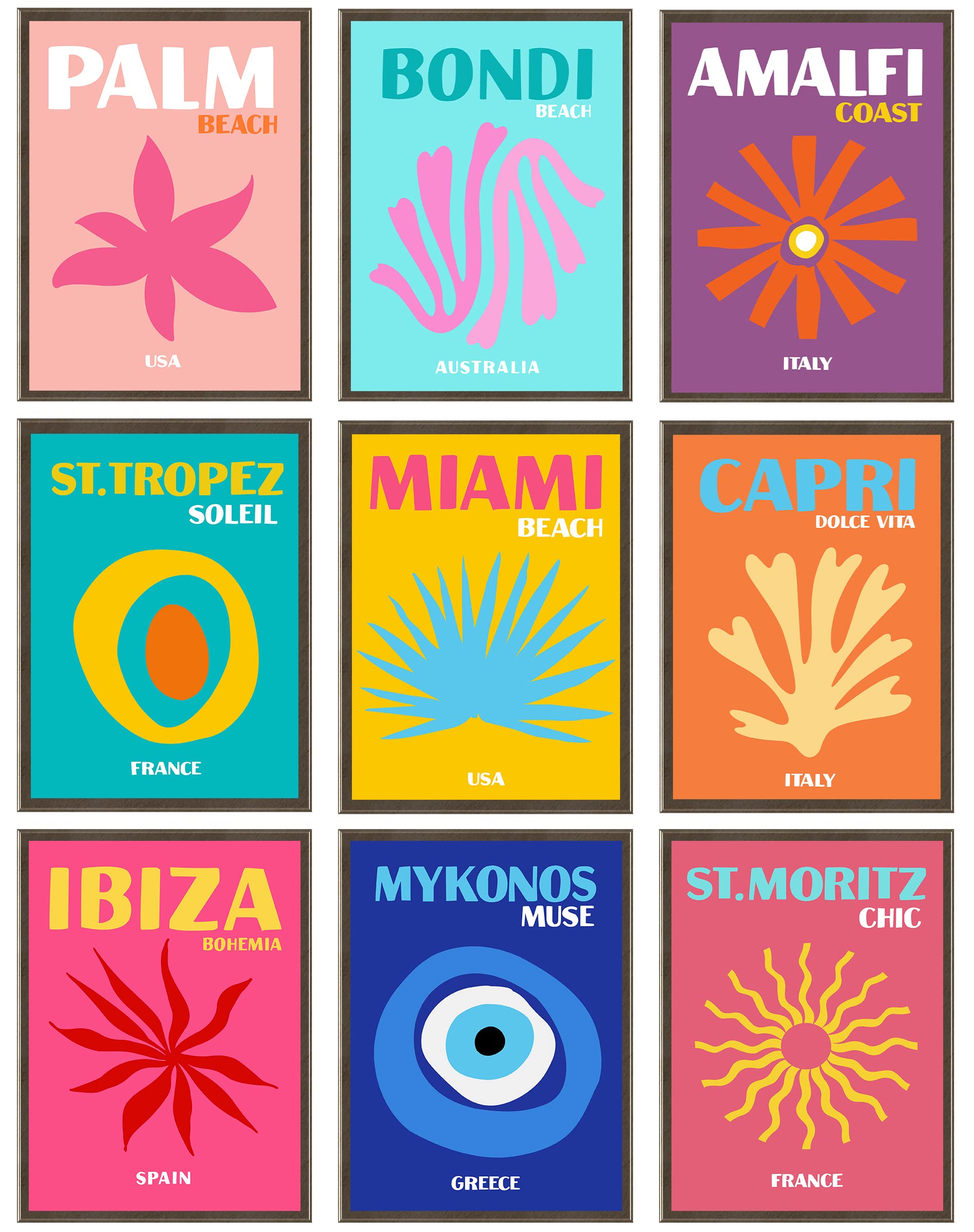 EDUS Preppy Room Decor - Set of 9 Aesthetic Art Prints (8x10 inch) | Miami Beach & Ibiza Travel Posters | Wall Decor for Bedroom, Dorm, Office | UNFRAMED Artwork for Home & Gift Giving