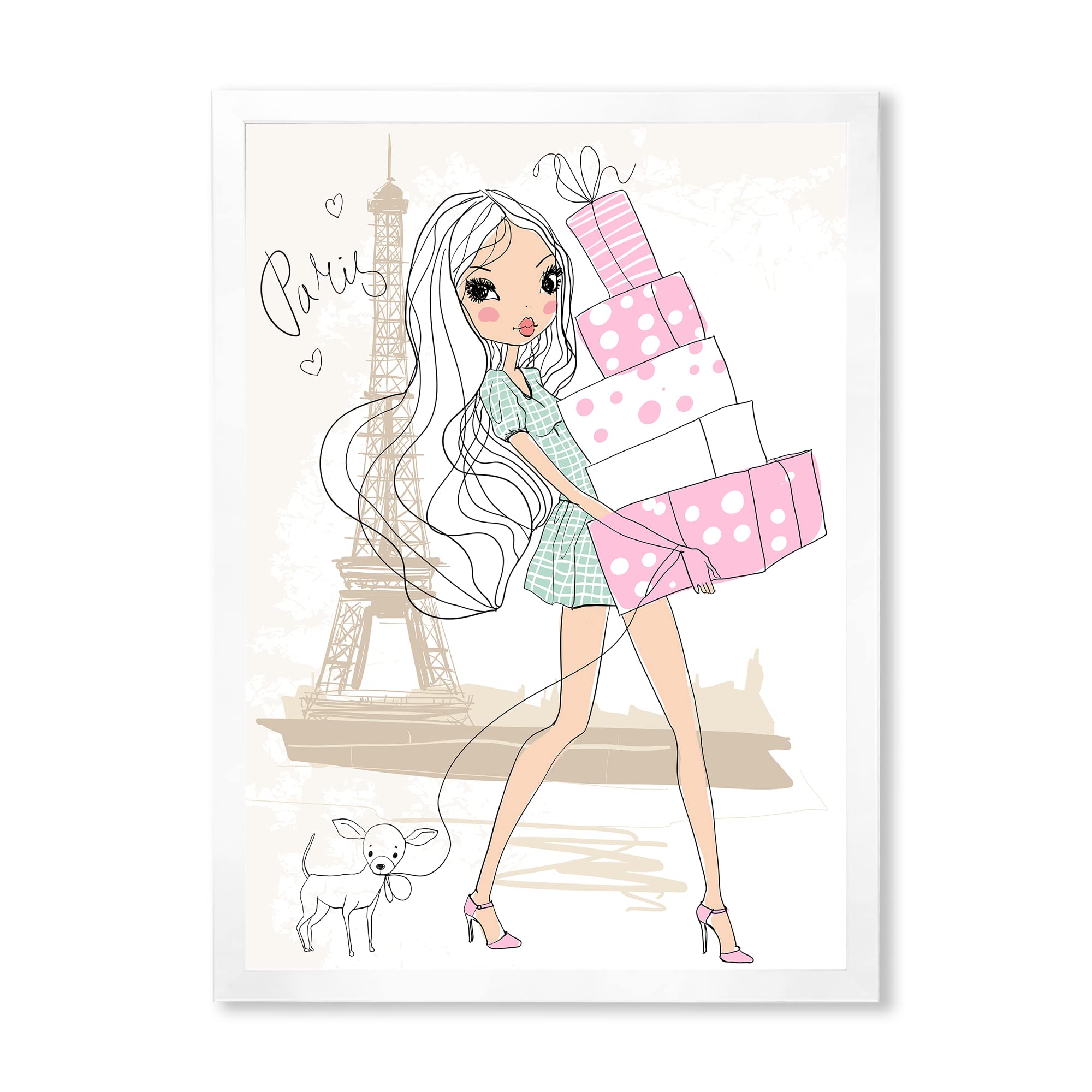DesignQ Young Girl With Shopping Boxes In Paris - Shabby Chic Framed Wall Art - Perfect for Nursery, Bedroom & Living Room Decor