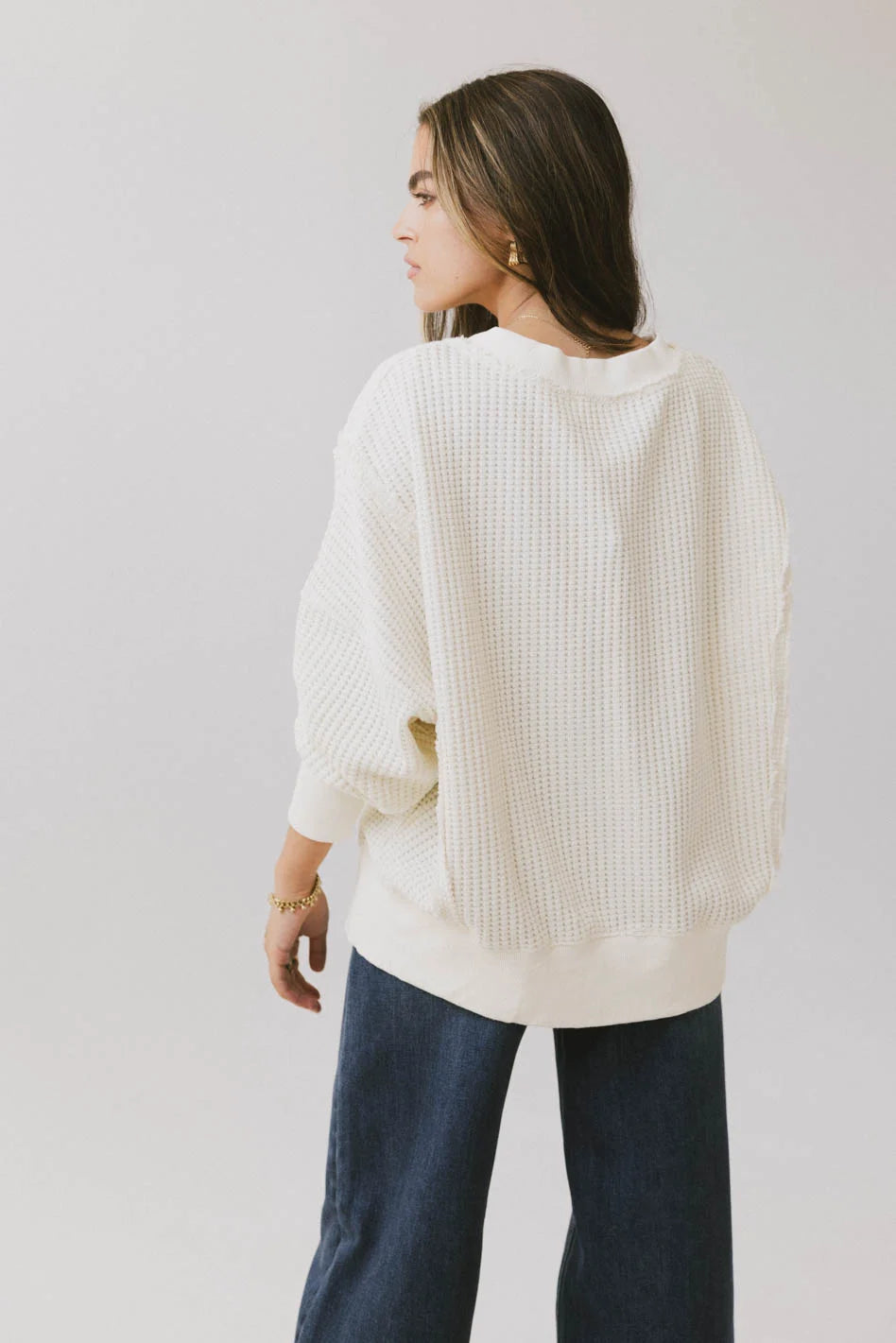 Ellis Waffle Knit Top Women's Cream Long Sleeve Shirt - Casual Loungewear, Fall Layering & Coffee Dates Outfit