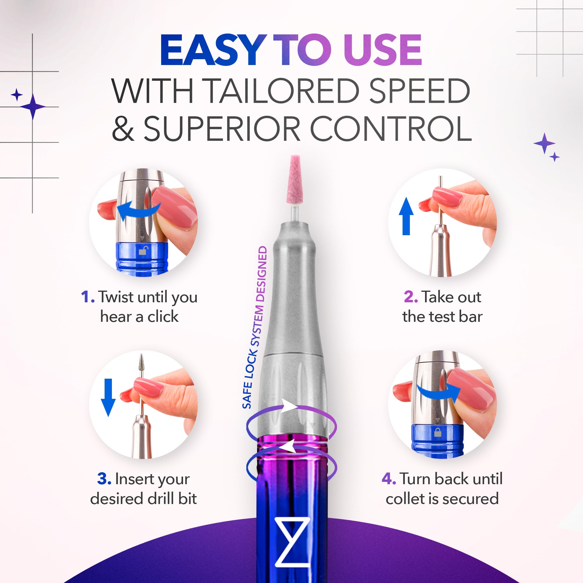 Professional Nail Drill Machine - Coreless 2-in-1 Electric Nail File, Cordless 35000 RPM with HD Display - Perfect for Salon & Home Manicures - Unicorn Pink & Blue Design