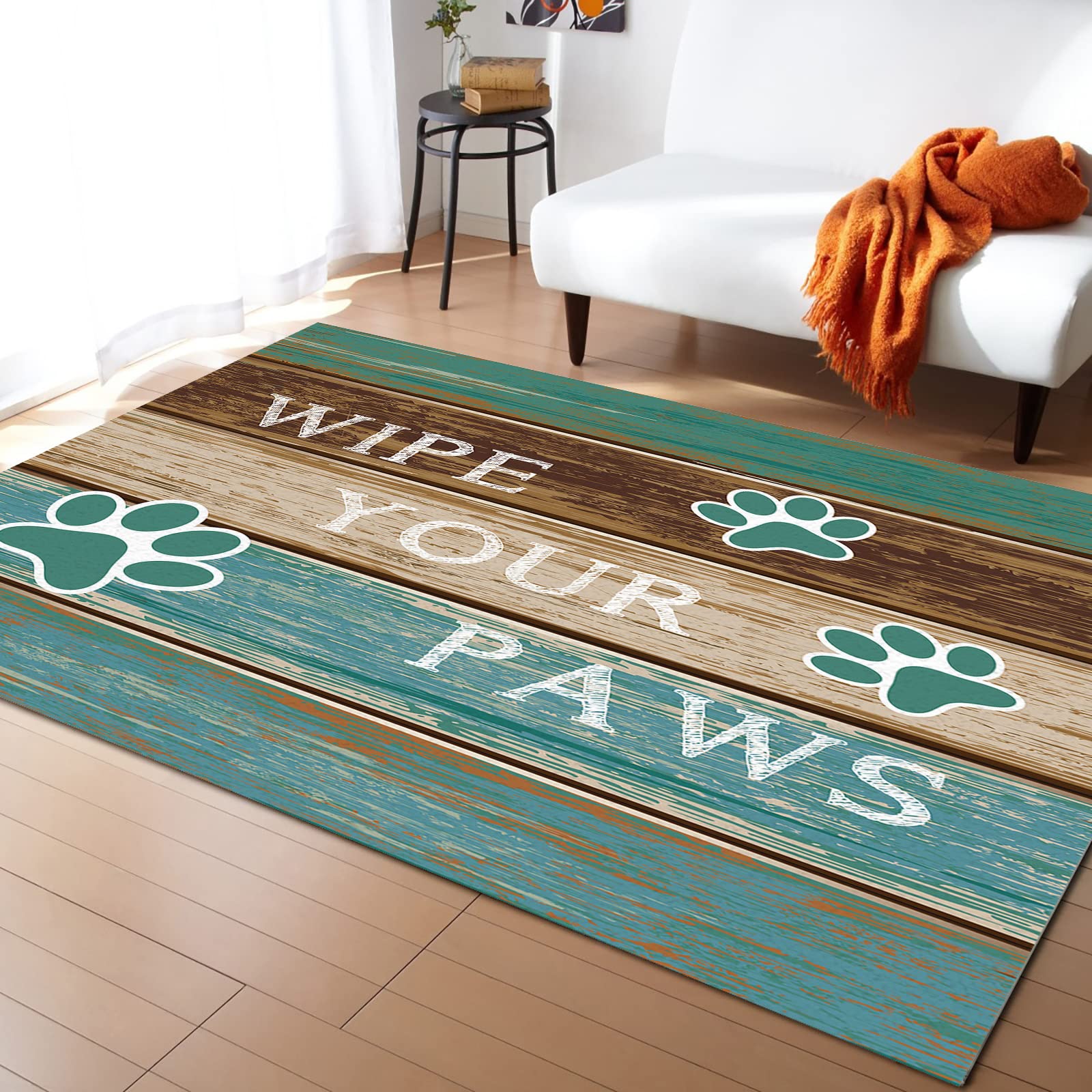 Teal Turquoise Area Runner Rug 4'x7' - Washable Indoor Outdoor Rug for Kitchen, Living Room, Bathroom, Bedroom | Farmhouse Brown Paw Print Welcome Doormat - Perfect for Entryway, Laundry Room & Classroom Floor Decor