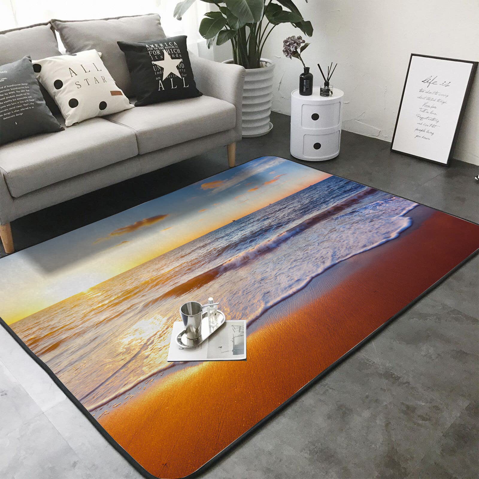 Washable Non-Slip Sponge Rug Pad - Super Soft Extra Thick Floor Mat for Kids Bedroom, Living Room, Bathroom & Dorm | Beach Waves Seascape Design | Ideal for Indoor Use, Home Decor & Cozy Spaces