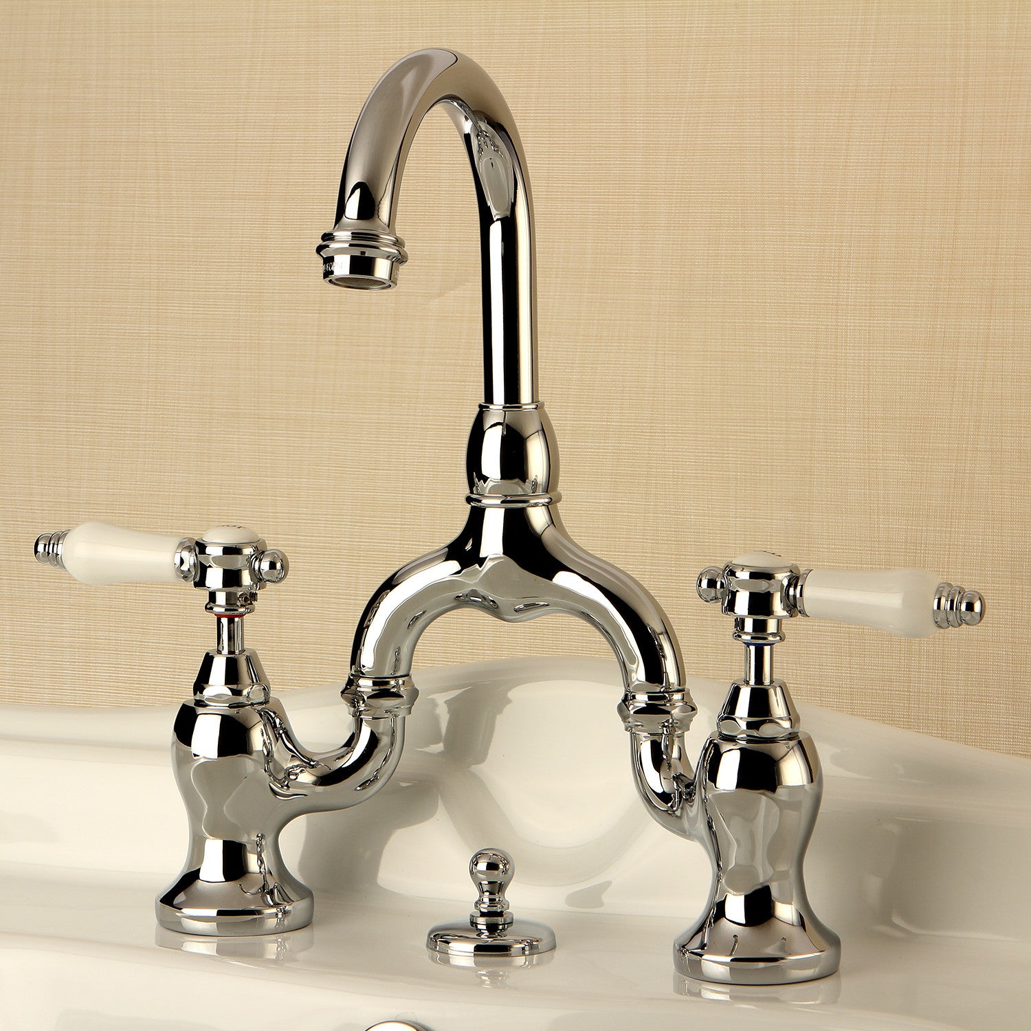 Bel Air KS7991BPL 3-Hole Deck Mount Bathroom Faucet - Two Handle Bridge Design with Brass Pop-Up Drain, Polished Chrome Finish - Perfect for Modern Bathrooms, Vanities & Powder Rooms