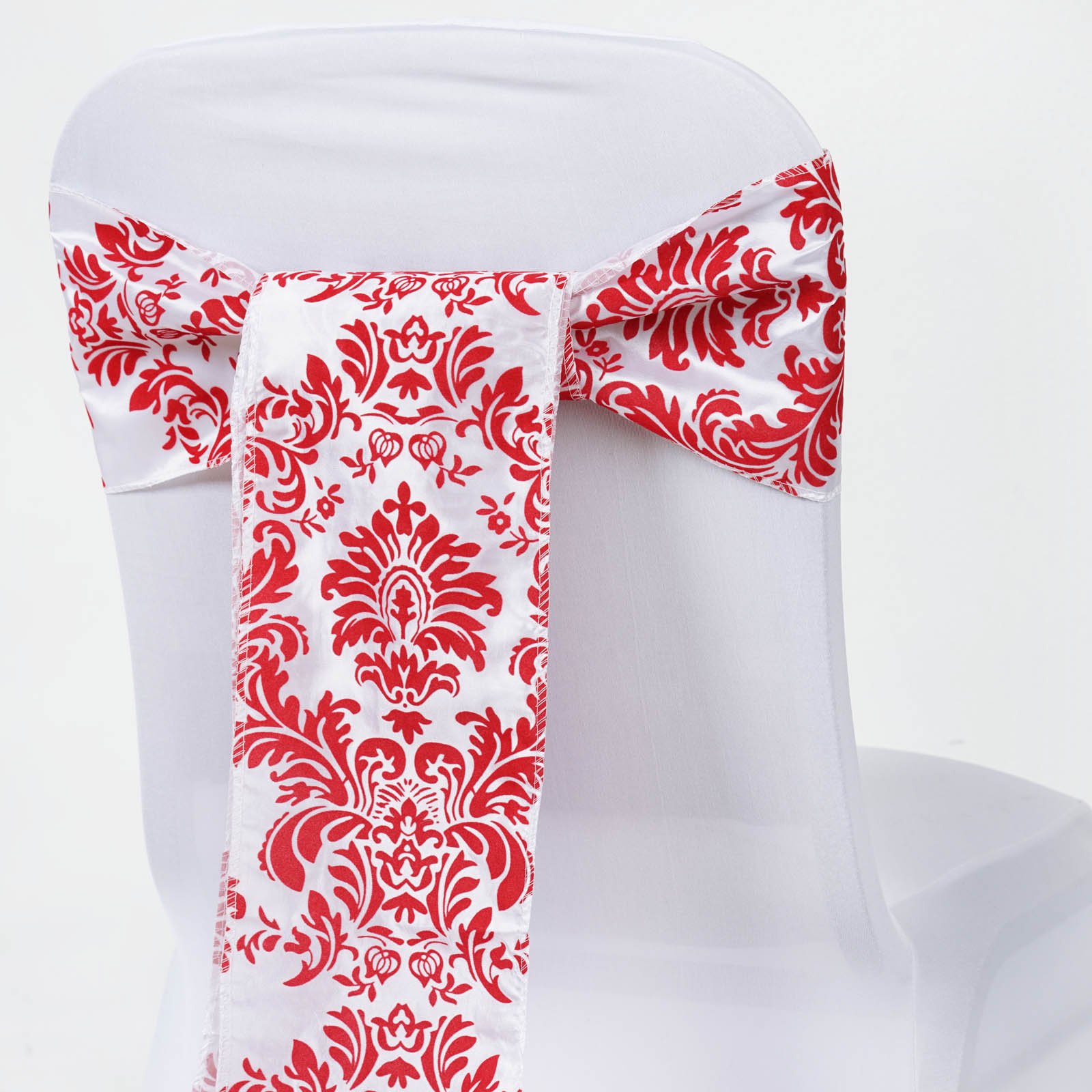 100 Red Damask Flocking on White Chair Sashes & Bows - Elegant Wedding Decorations for Ceremony & Reception | Party Supplies & Table Decor