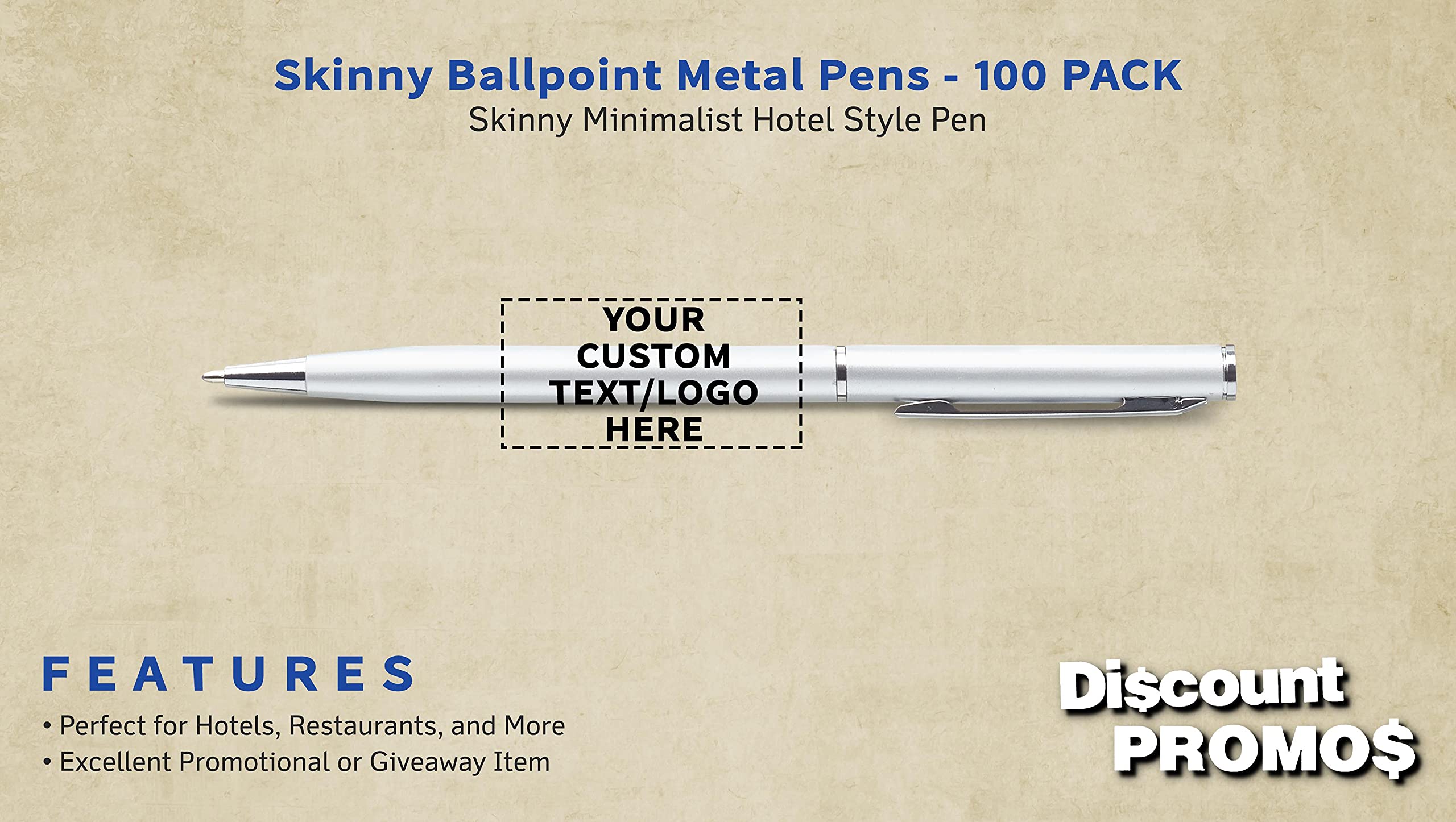 100 Pack Customizable Skinny Ballpoint Metal Pens - Personalized Text & Logo - Sleek Twist-Off Design with Black Ink - Silver Office & School Writing Supplies for Business Gifts & Promotional Giveaways