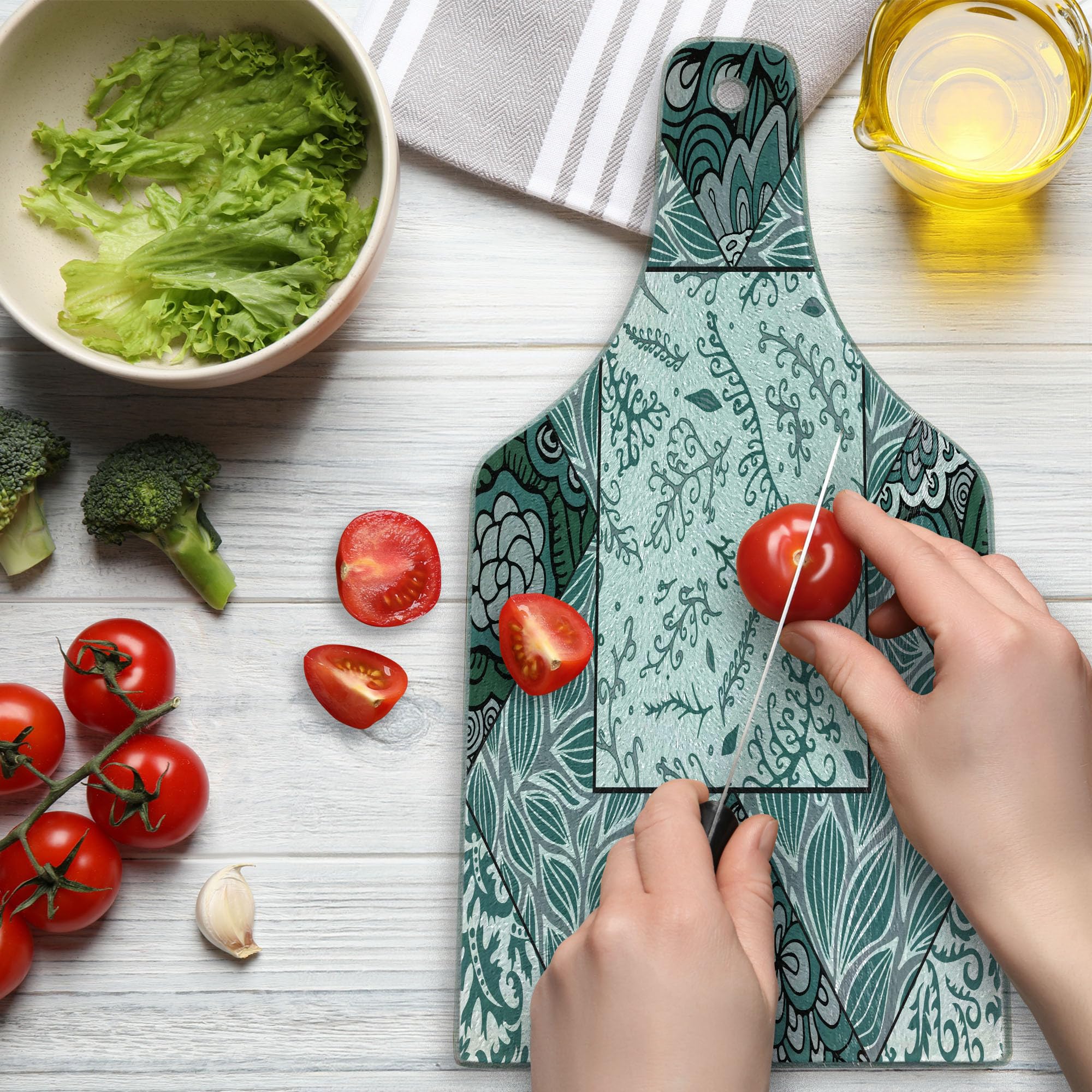 Ambesonne Boho Cutting Board - Shabby Chic Leaves & Floral Print Tempered Glass Serving Board, Wine Bottle Shape in Jade Green, Grey & White | Perfect for Charcuterie, Cheese Platters & Kitchen Decor