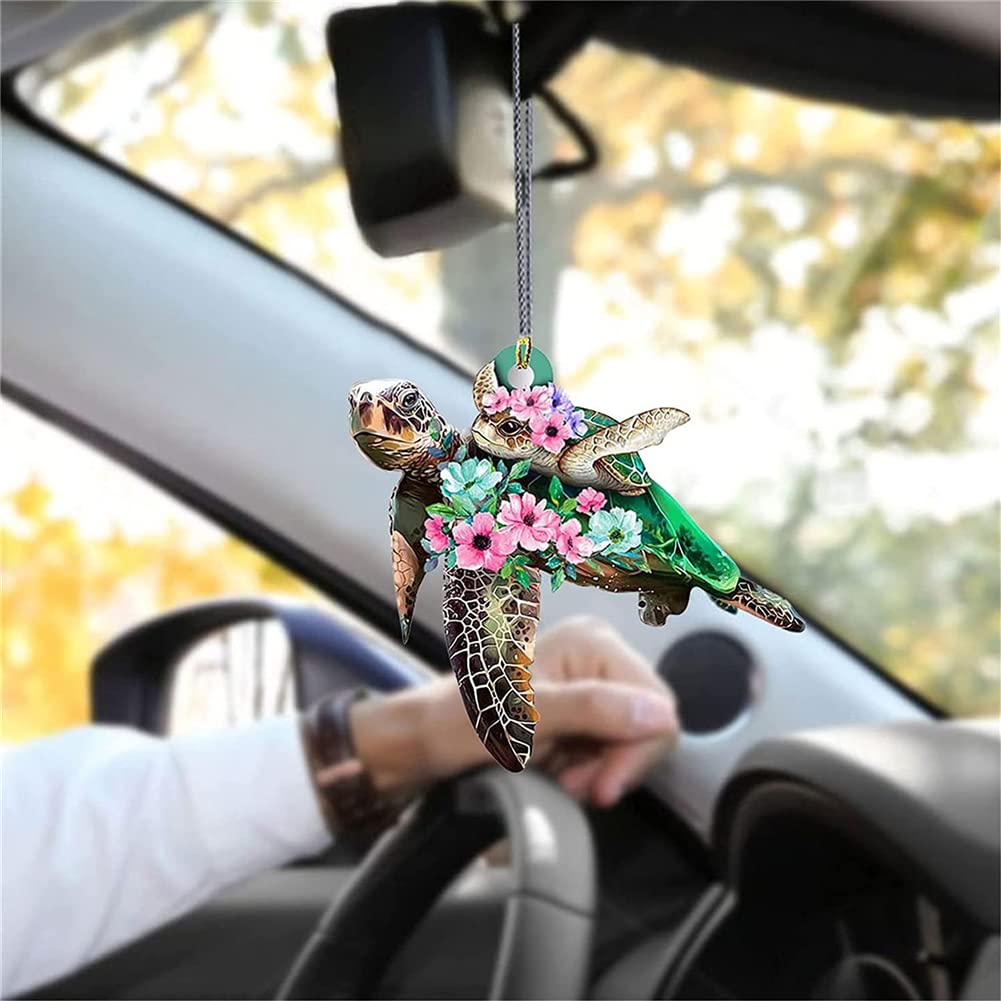 Zcargel Sea Turtle Mom & Baby Car Hanging Ornament - Cute Cartoon Rearview Mirror Dangle Accessory for Car Decor | Perfect Gift for Animal Lovers & Beach-Themed Vehicles