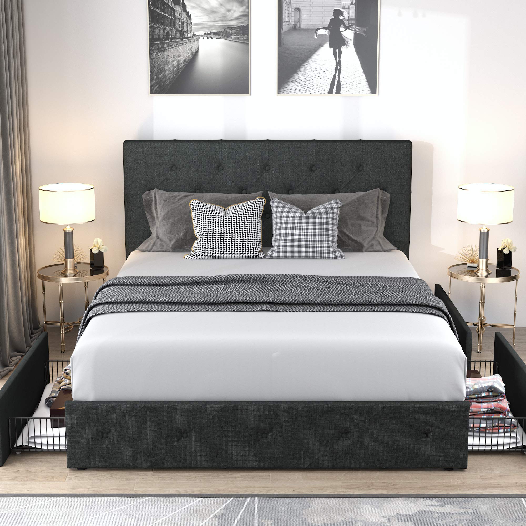 Queen Platform Bed Frame with Storage Drawers & Headboard - Dark Grey for Modern Bedrooms