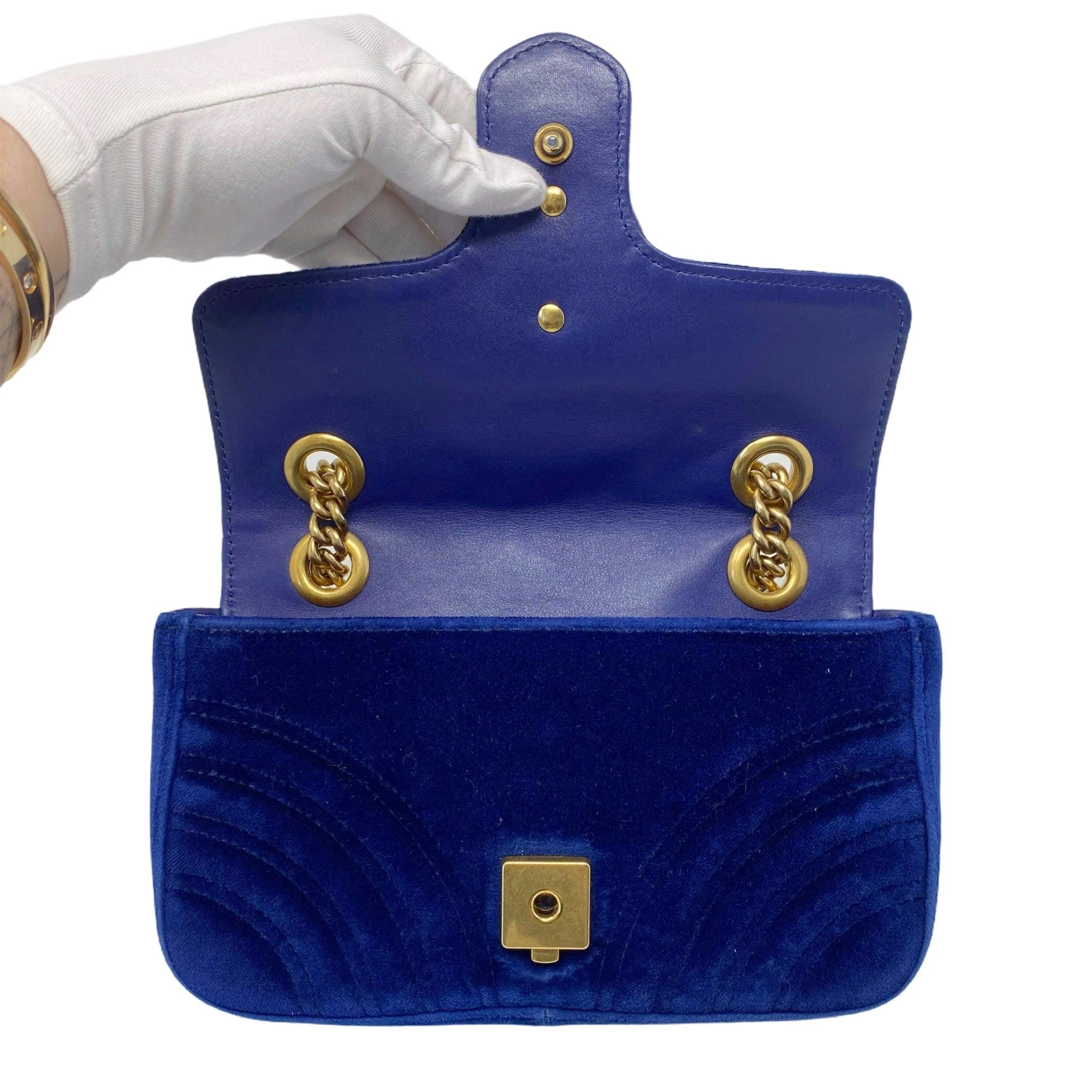 Gucci Blue Velvet Mini GG Marmont Crossbody Bag - Luxury Designer Handbag for Women | Perfect for Evening Parties, Date Nights & Special Occasions