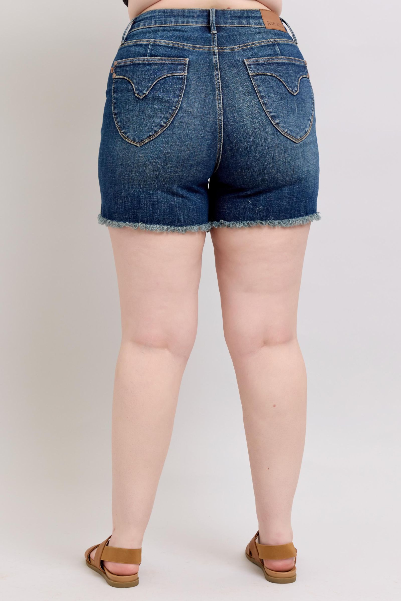 Judy Blue High Waisted Tummy Control Denim Shorts with Frayed Hem & Back Pockets | Women's Stretchy Comfort Jeans for Summer, Beach, and Casual Outfits
