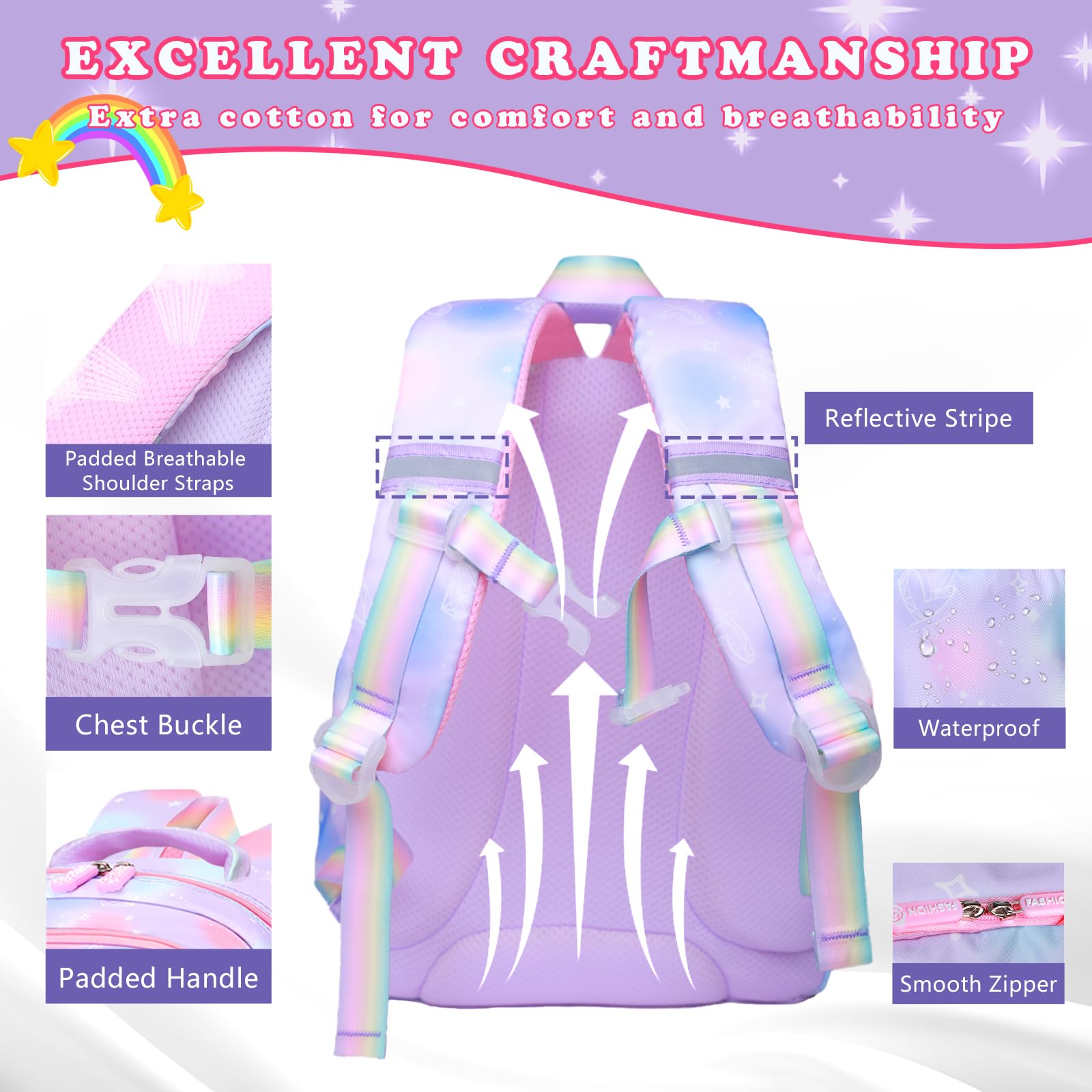 3Pcs Girls Backpack Set - Cute Rainbow School Backpack with Lunch Bag & Pen Case, Multi-Pocket Elementary Backpack for Preschool & Toddler (Purple) - Perfect for School, Travel & Daily Use