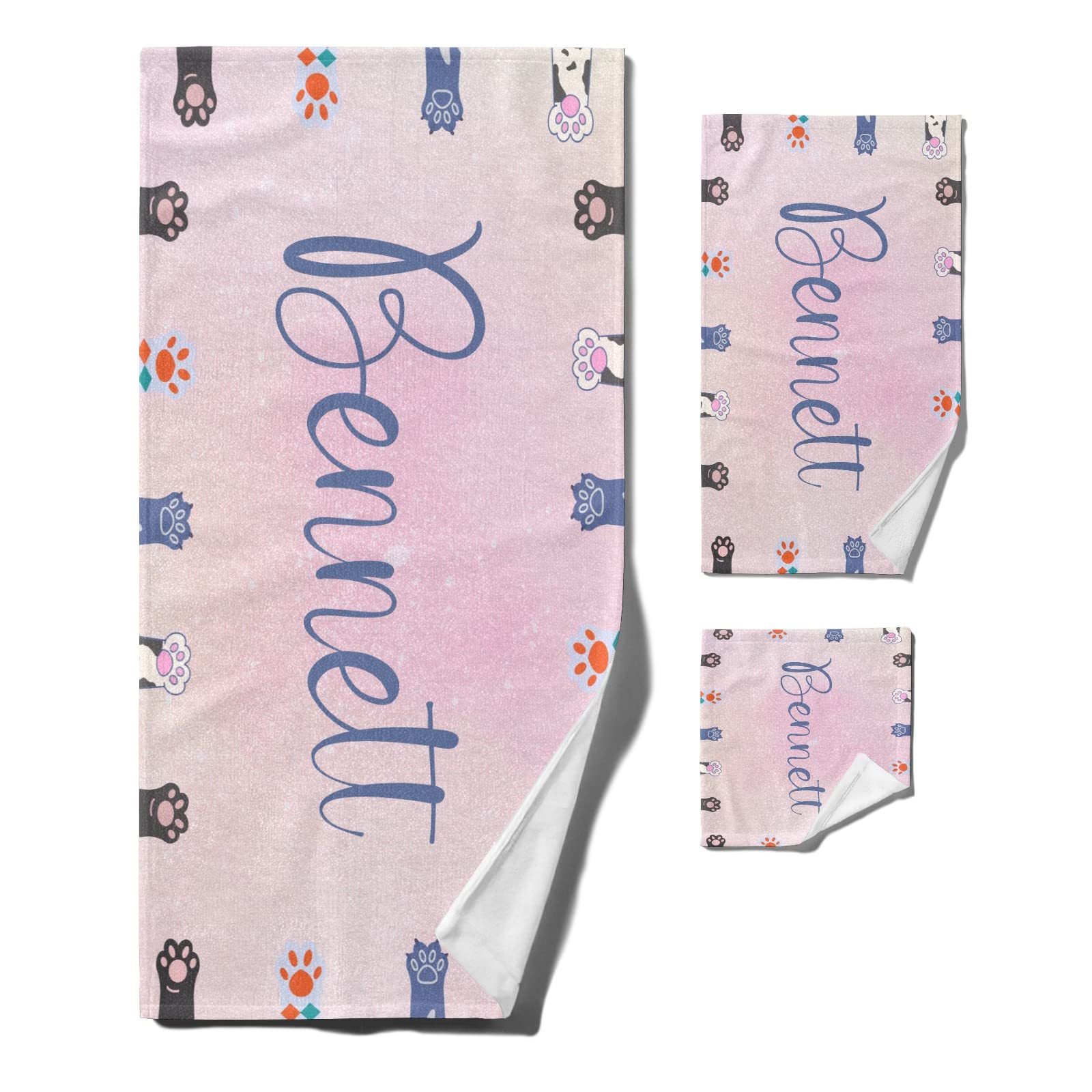 Custom Personalized Watercolor Cat Paw Beach Towel Set - 3 Piece Bath & Hand Towels with Name for Camping, Hiking, Kitchen | Cute Gift for Cat Lovers & Beach Vacations