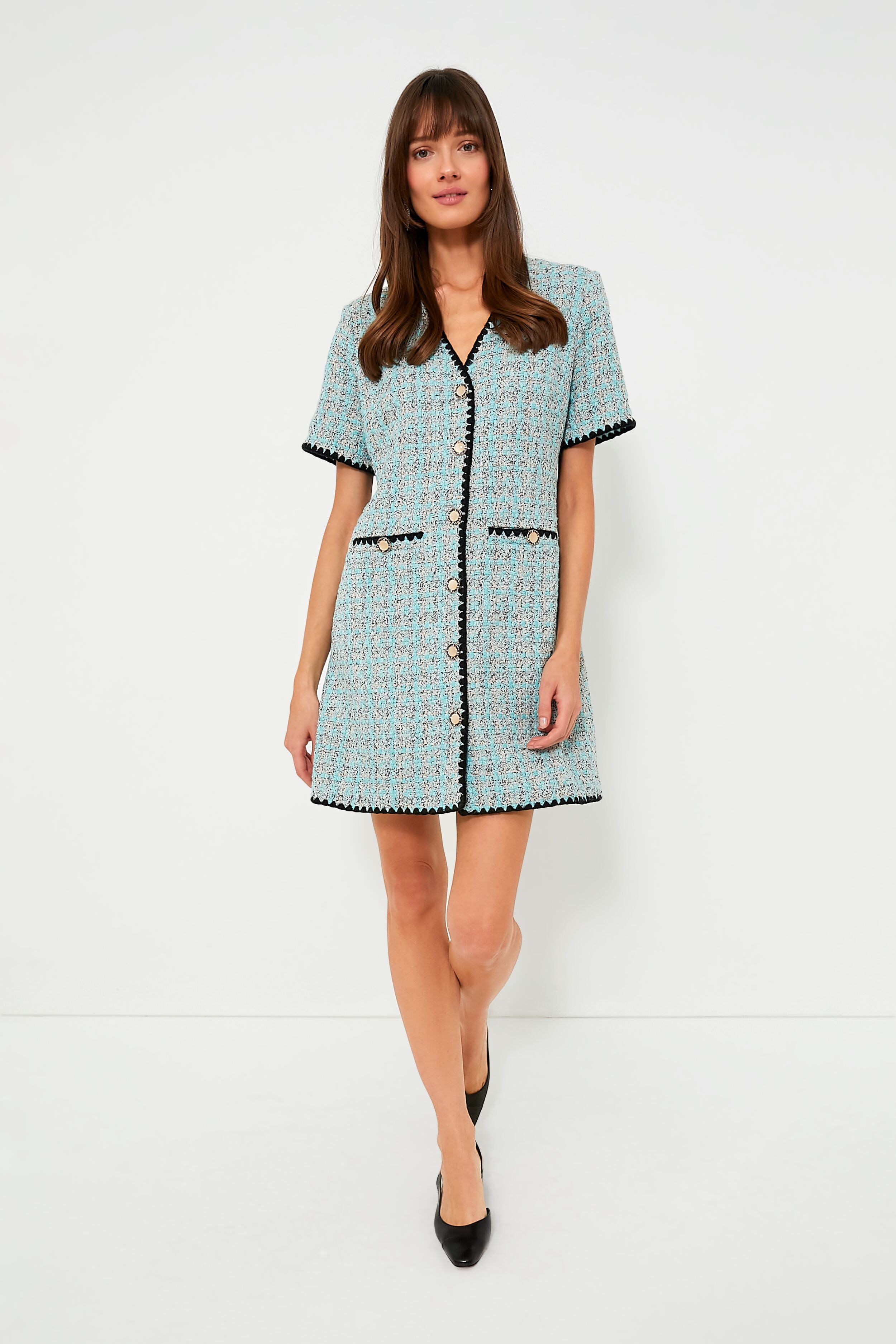 Blue Tweed Josephine Dress - Elegant Women's Vintage Style Dress for Parties, Weddings & Special Occasions
