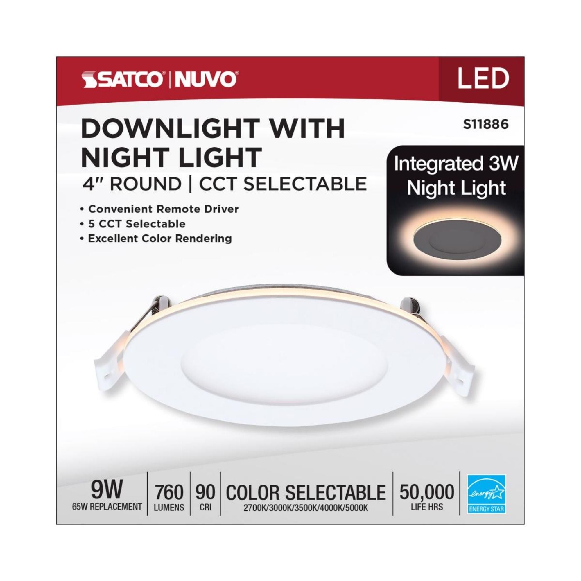 4 Inch LED Recessed Downlight with Night Light - 760 Lumens, Adjustable CCT (2700K-5000K), White Round Trim - Perfect for Bedroom, Kitchen & Living Room Lighting