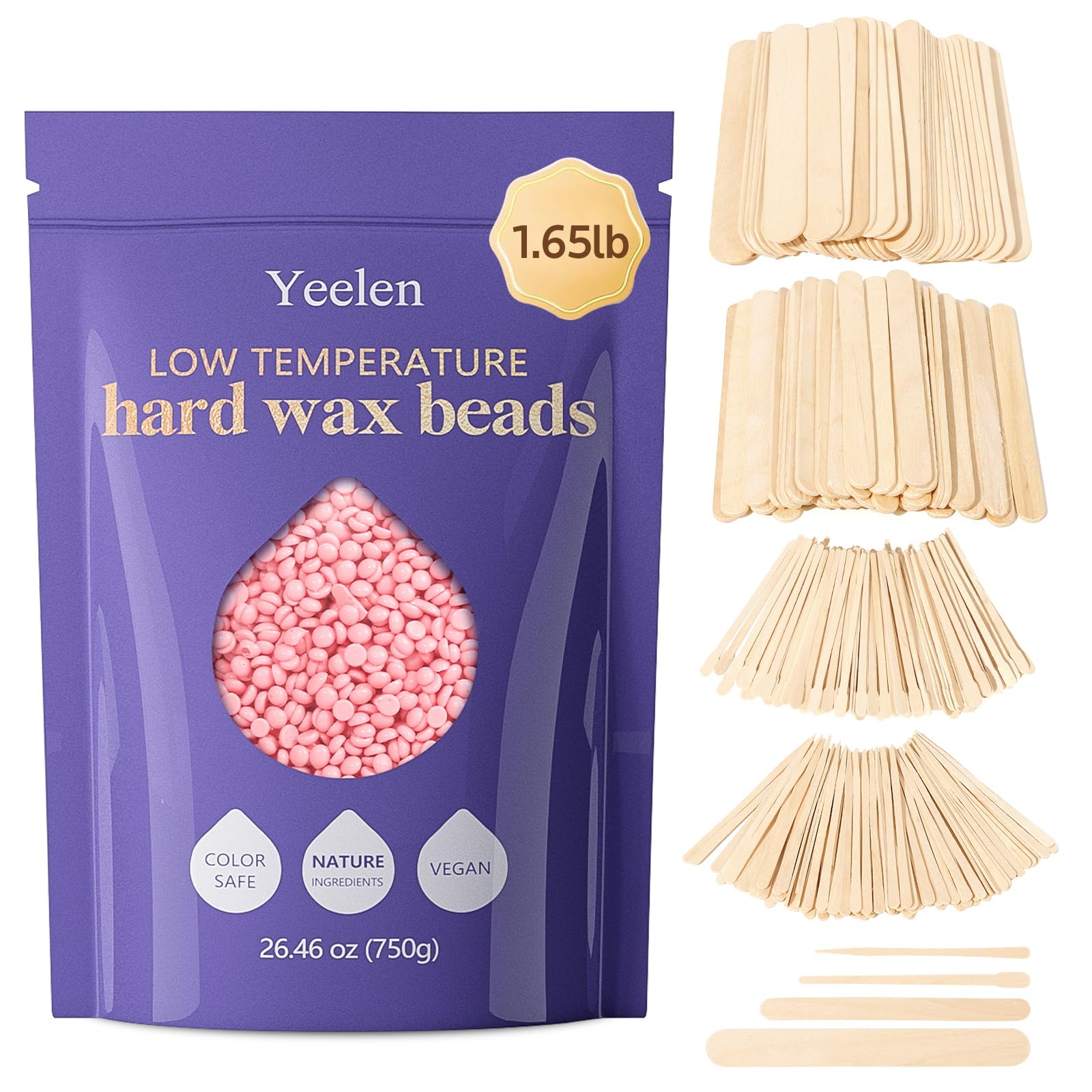 Hard Wax Beads for Hair Removal - 1.65lb Waxing Beads for Coarse Hair, Eyebrows, Bikini, Brazilian & Face + 300 Waxing Sticks & Applicators | At-Home Salon Waxing Kit for Smooth Skin