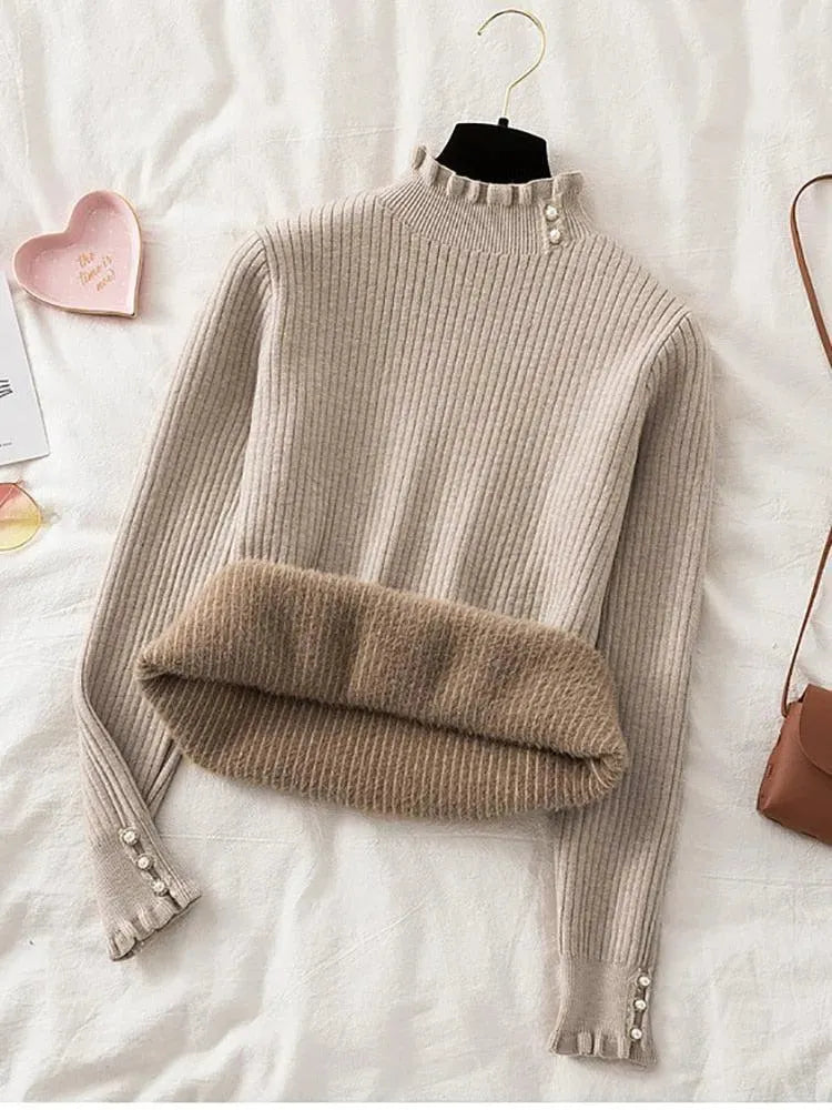 Elegant Winter Ruffled Mock Neck Sweater for Women - Cozy Knit Pullover for Casual Outfits & Holiday Gatherings