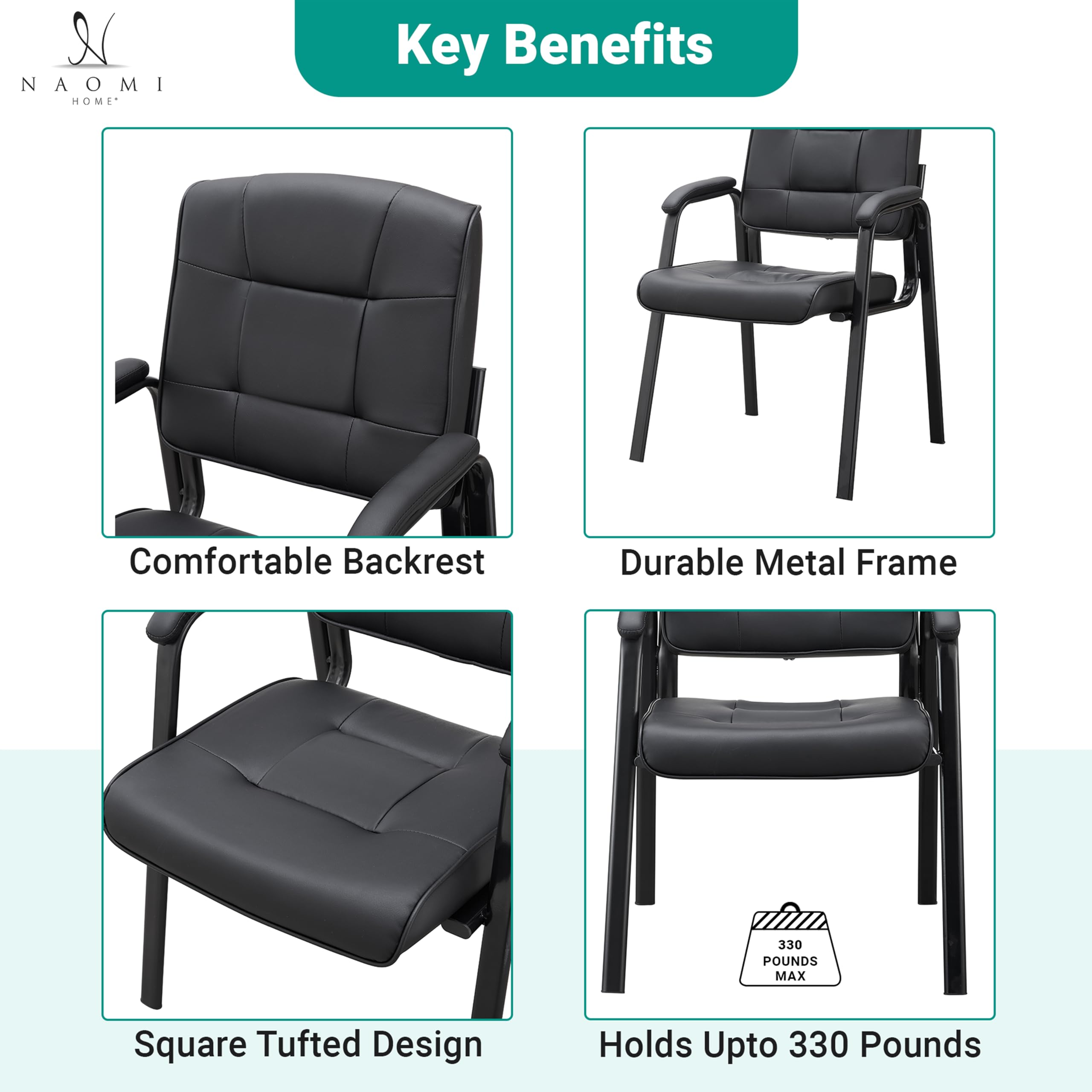 Naomi Home 2-Piece Heavy Duty Leather Executive Waiting Room Chairs Set - Black - Padded Armrest Lobby Reception Chairs for Office, Clinic, Hotel, and Conference Room Guest Seating