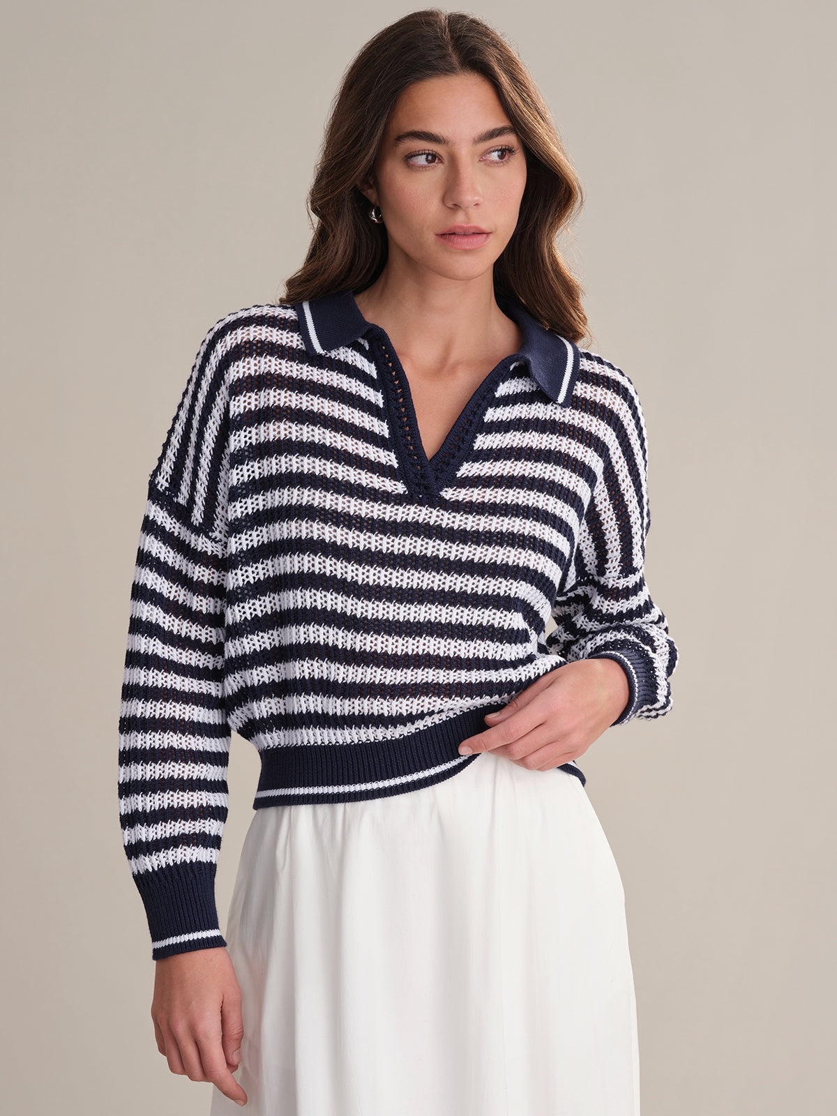 Kimberly Women's Stripe Open Stitch Polo Sweater - Casual Knit Top for Work, Office & Everyday Wear